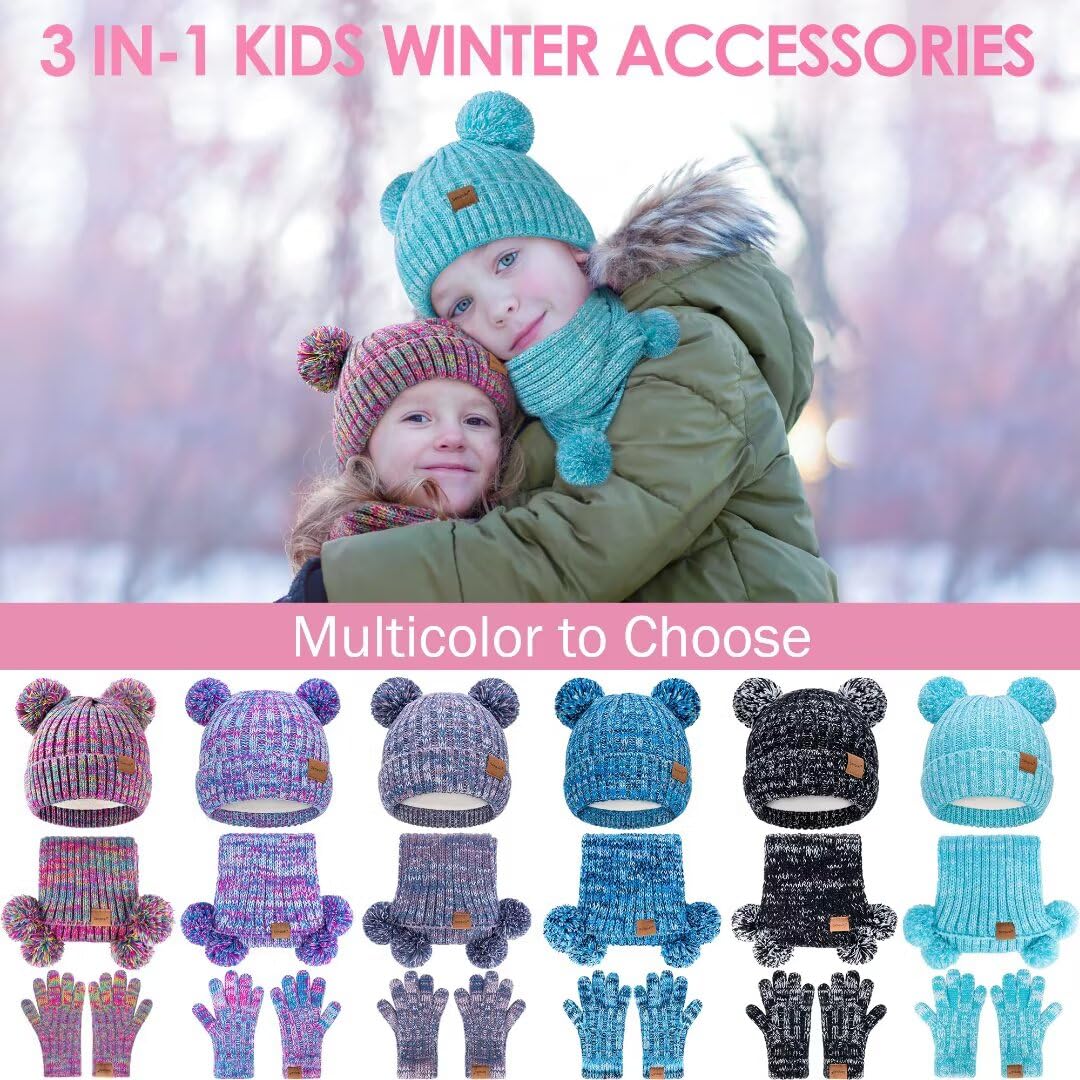 Kids Winter Hat Gloves Scarf Set, Girls Toddler Children Beanie with Pom Knit Neck Warmer Gaiter Mittens Fleece Lined Set（Rainbow Mix）
