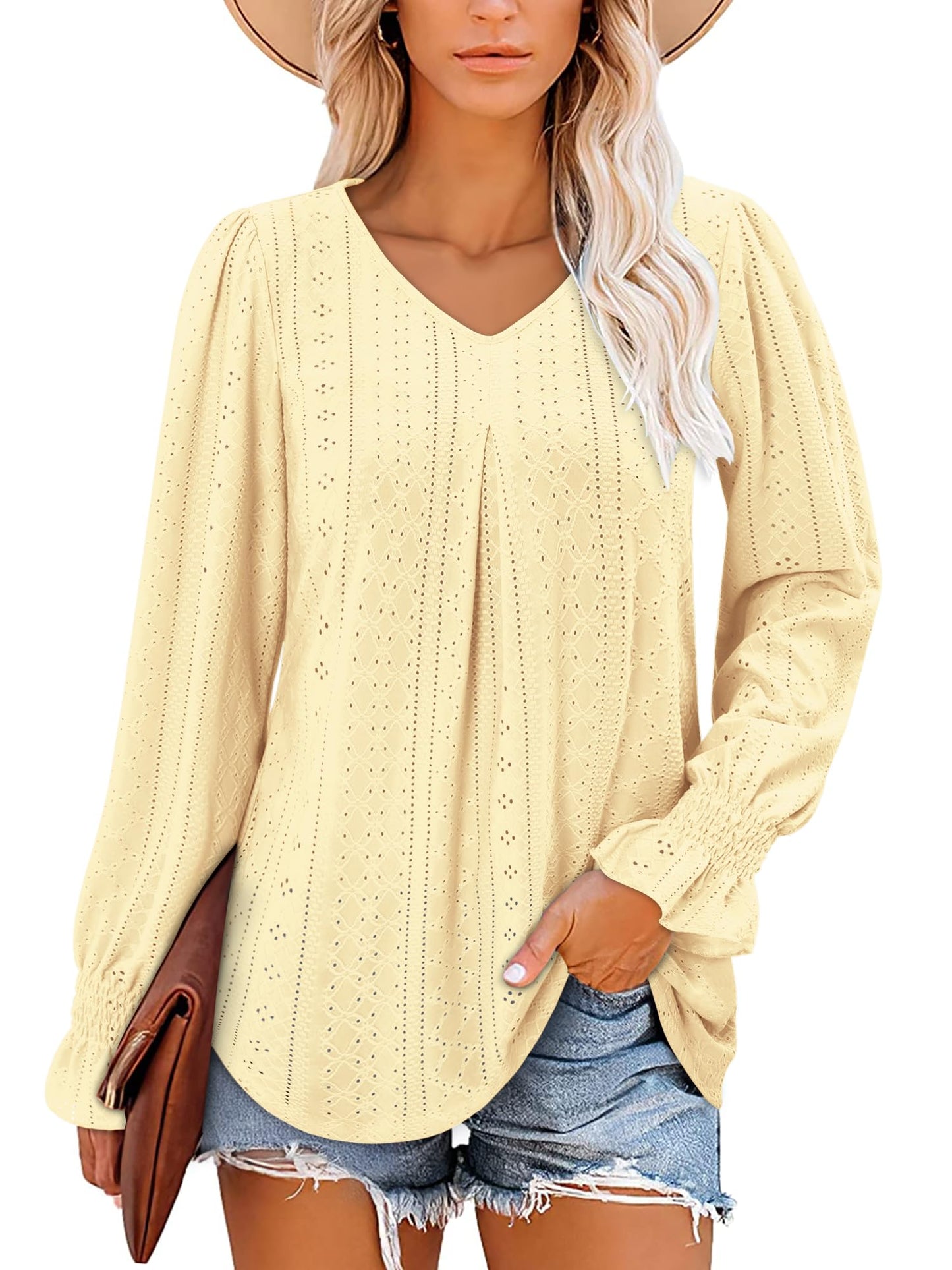KISSMODA Blouses For Women Business Casual Work Tops Womens Shirts Dressy Casual Plus Size Blouses Wrinkle Free Travel Clothes Tunic Shirts Puff Sleeve Blouse Light Yellow L