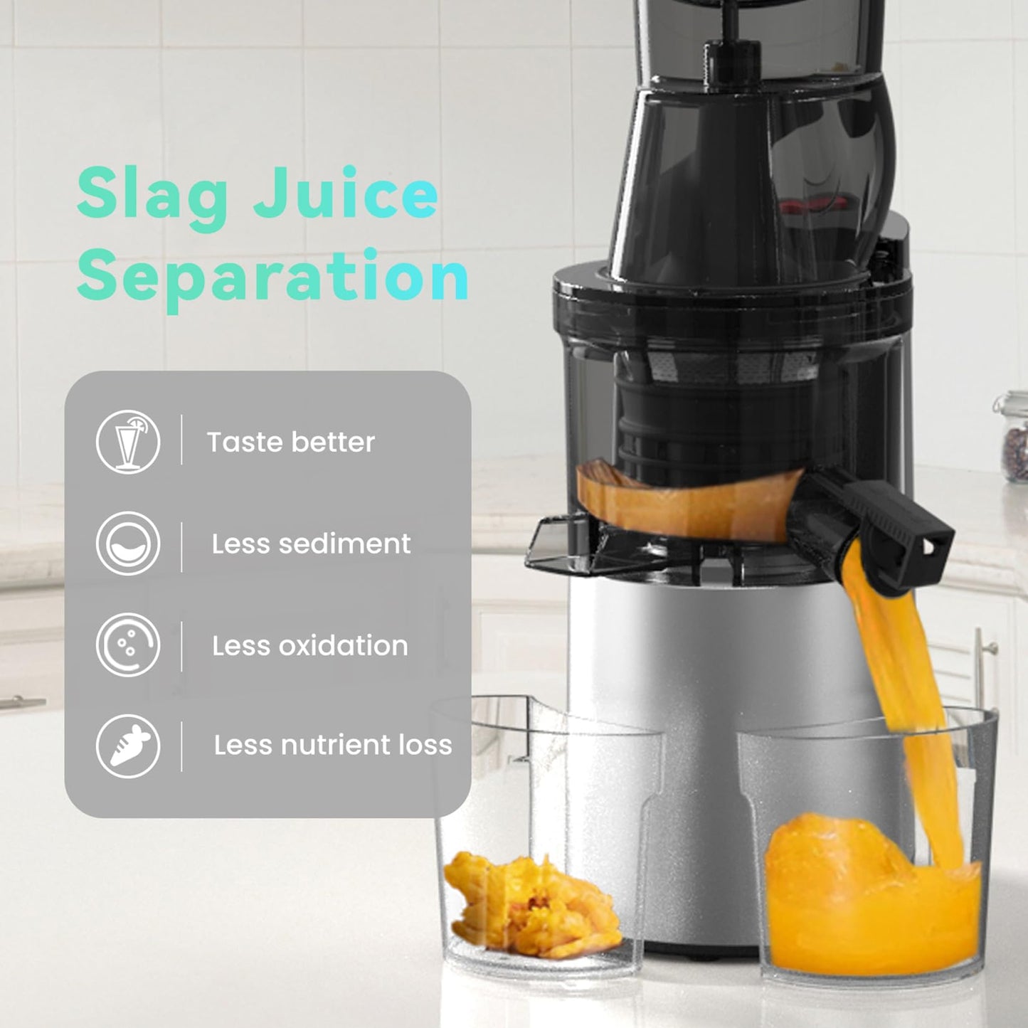 Masticating Juicer Machines, 4.1-inch(104mm) Powerful Slow Cold Press Juicer with Large Feed Chute, Electric Masticating Juicers for Vegetables and Fruits, Easy to Clean with Brush