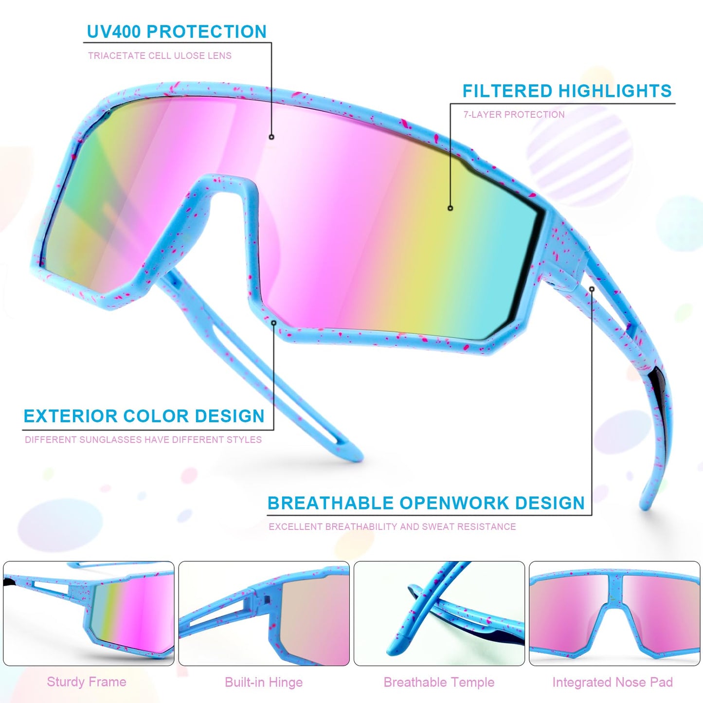 CMBJJU 3PACK Kids Sunglasses,Youth Baseball Glasses,Cycling Goggles for 6-14 Boys Girls,UV400 Protection (3pcs-Black Blue+White Blue+Blue Pink-K01)