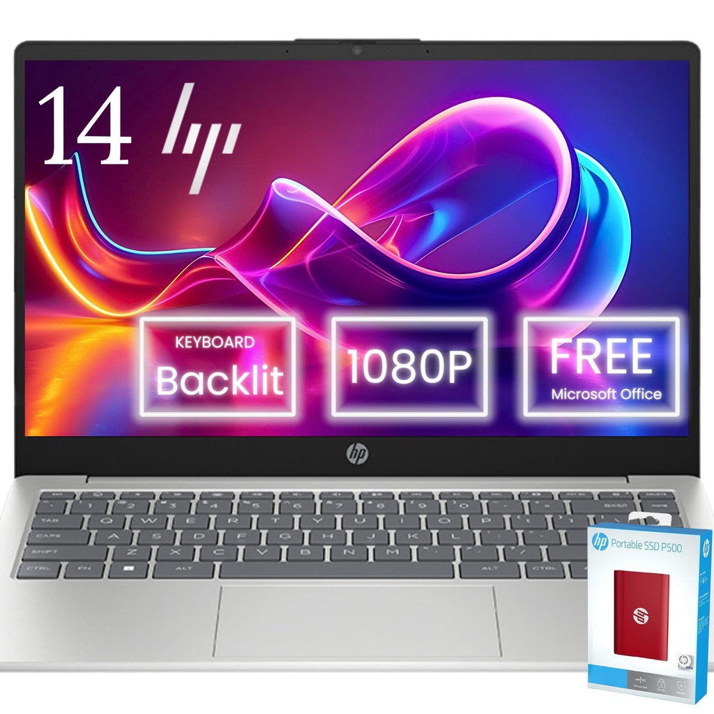 Hp Everyday Essential 14 FHD Laptop • Free Microsoft Office Suite Included • Light up Keyboard • 16GB RAM • 512GB SSD(256GB PCIe & P500 250GB External) • Intel 4-core Processor • HDMI • Windows 11