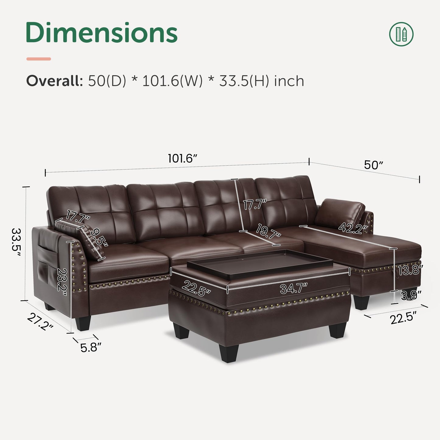 HONBAY Brown Leather Sectional Sofa with Ottoman - Easy Assembly, Storage Space