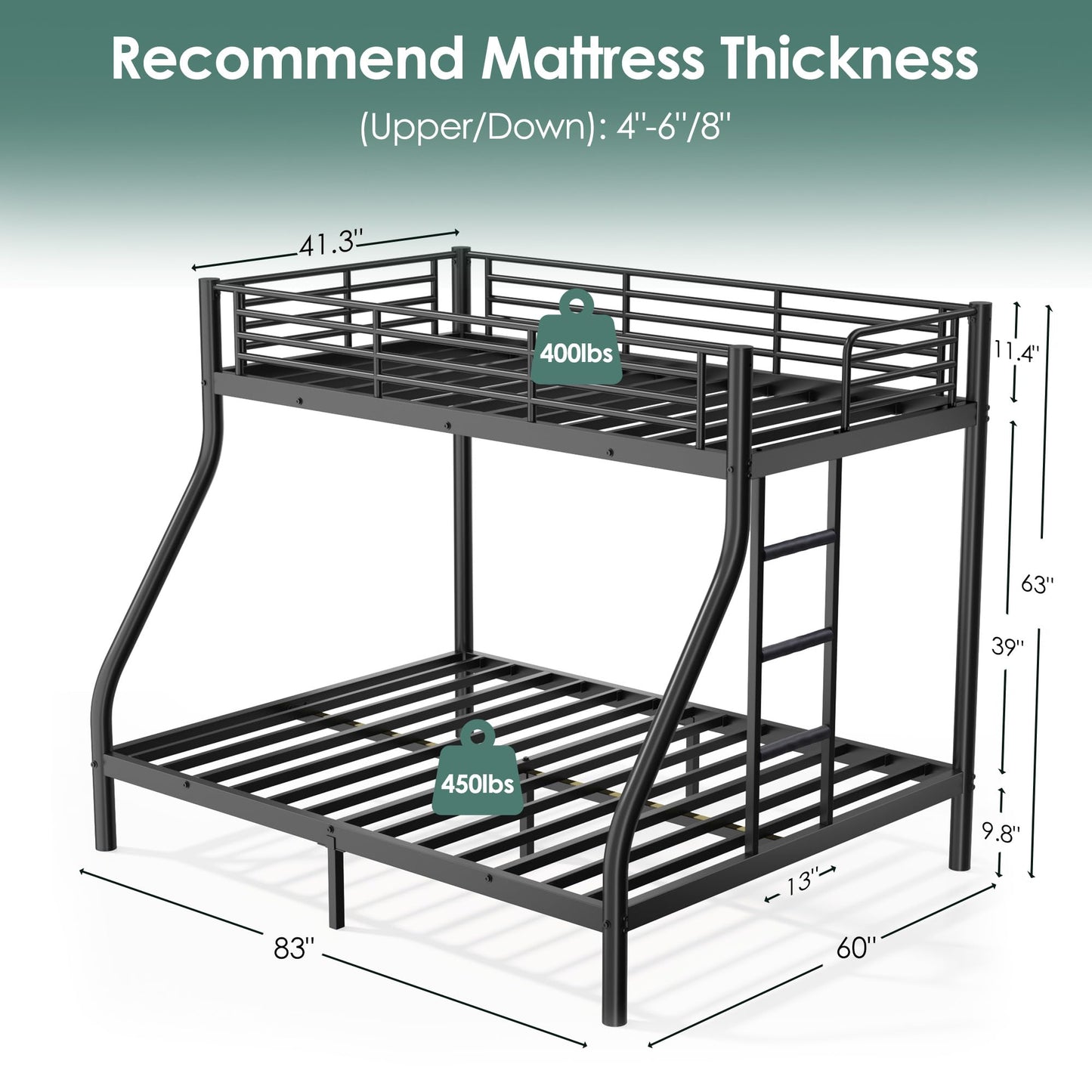 Cyranture Twin XL Over Queen Bunk Bed Size, Heavy Duty Bunk Beds with Bottom Space & Guardrail Metal Bunk Bed Frame for Adults Dorm Bedroom Guest Room, No Box Spring Needed（Black）