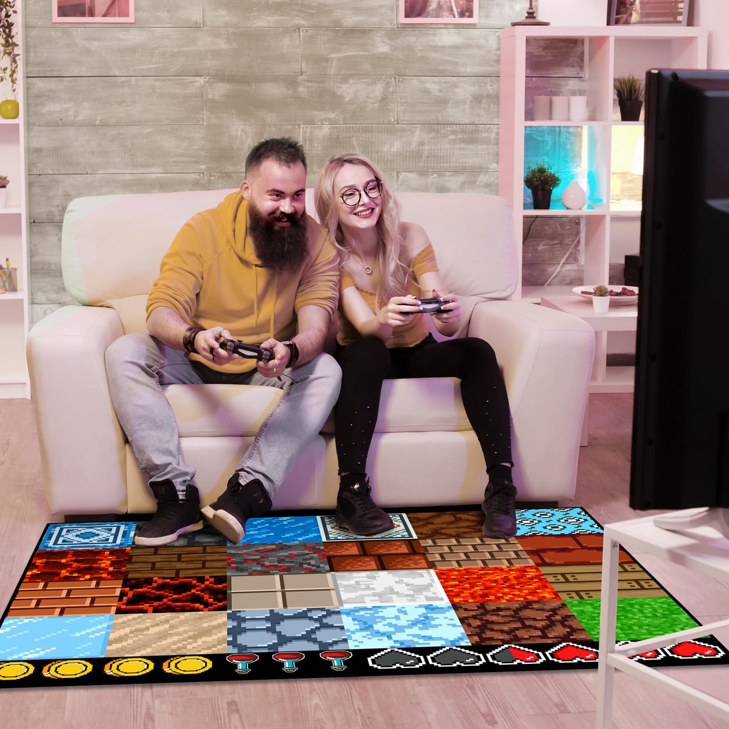 Game Rug Teen Boys Carpet with Pixel Game Element Decoration, 8 Bit Old Game Rugs for Boy’s Bedroom Living Room Playroom, Non-Slip Children Gaming Area Rugs (79" x 59")