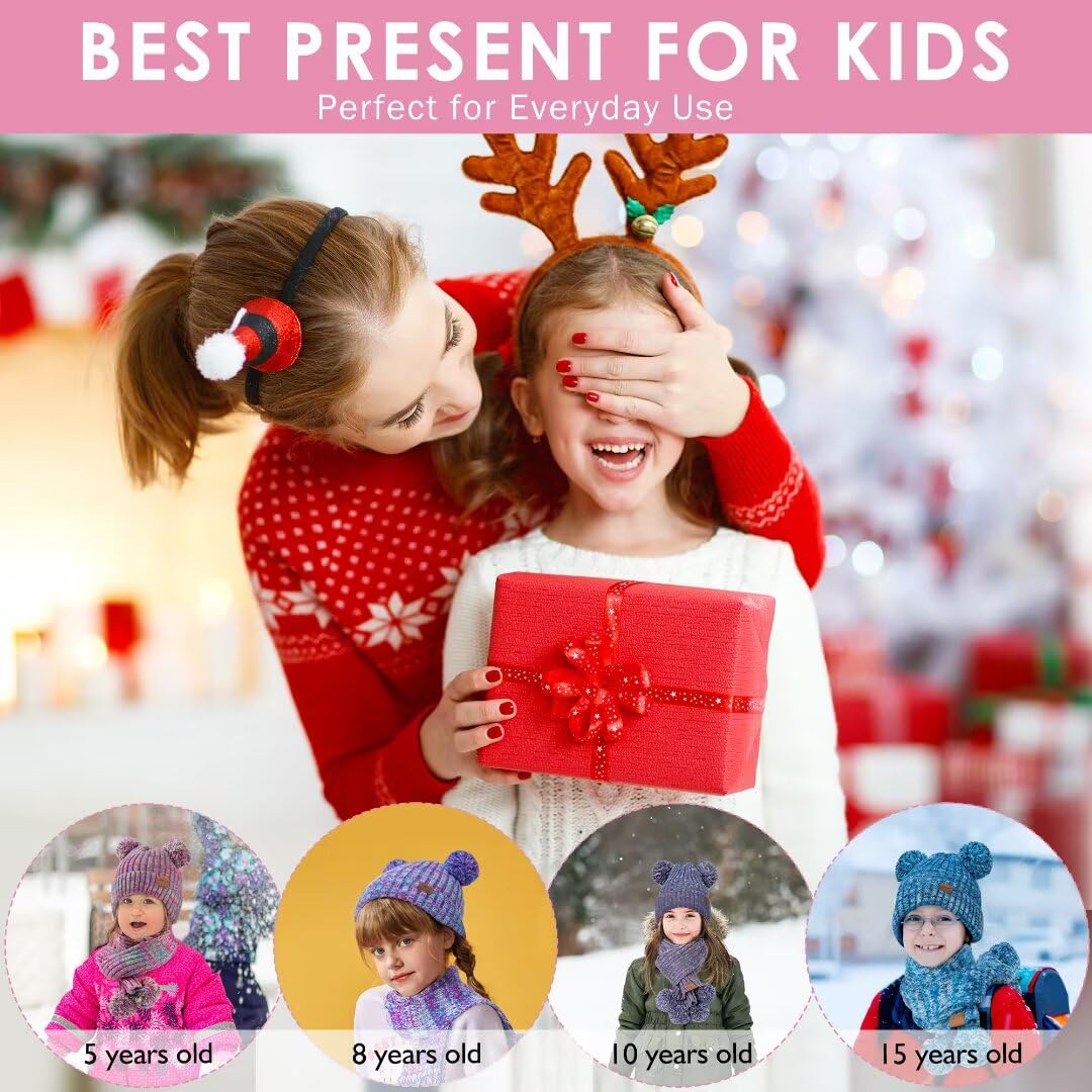 Kids Winter Hat Gloves Scarf Set, Girls Toddler Children Beanie with Pom Knit Neck Warmer Gaiter Mittens Fleece Lined Set（Rainbow Mix）
