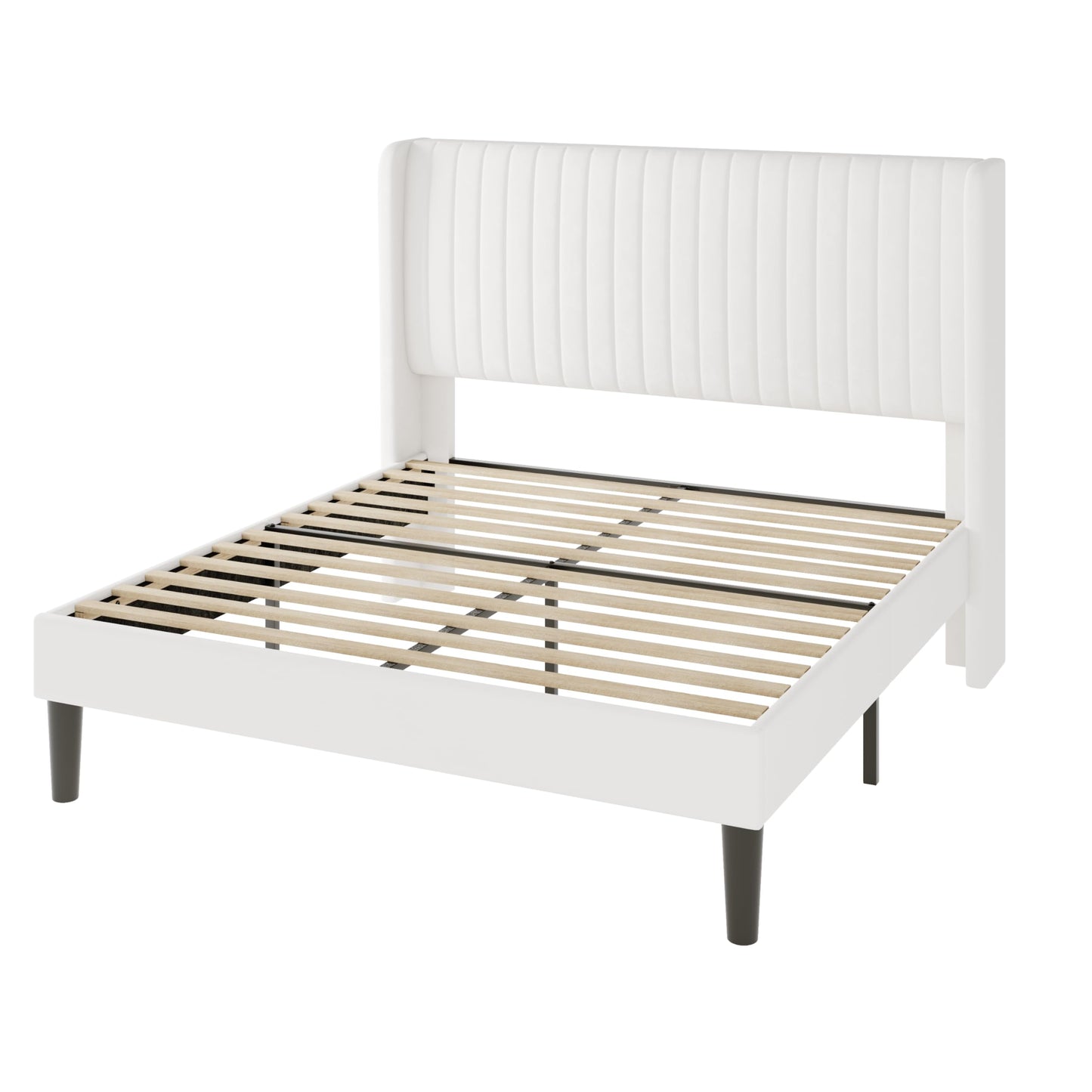 Allewie Full Size Velvet Bed Frame/Vertical Channel Tufted Wingback Headboard/Upholstered Platform Bed/Strong Wooden Slats/No Box Spring Needed/Easy Assembly/White