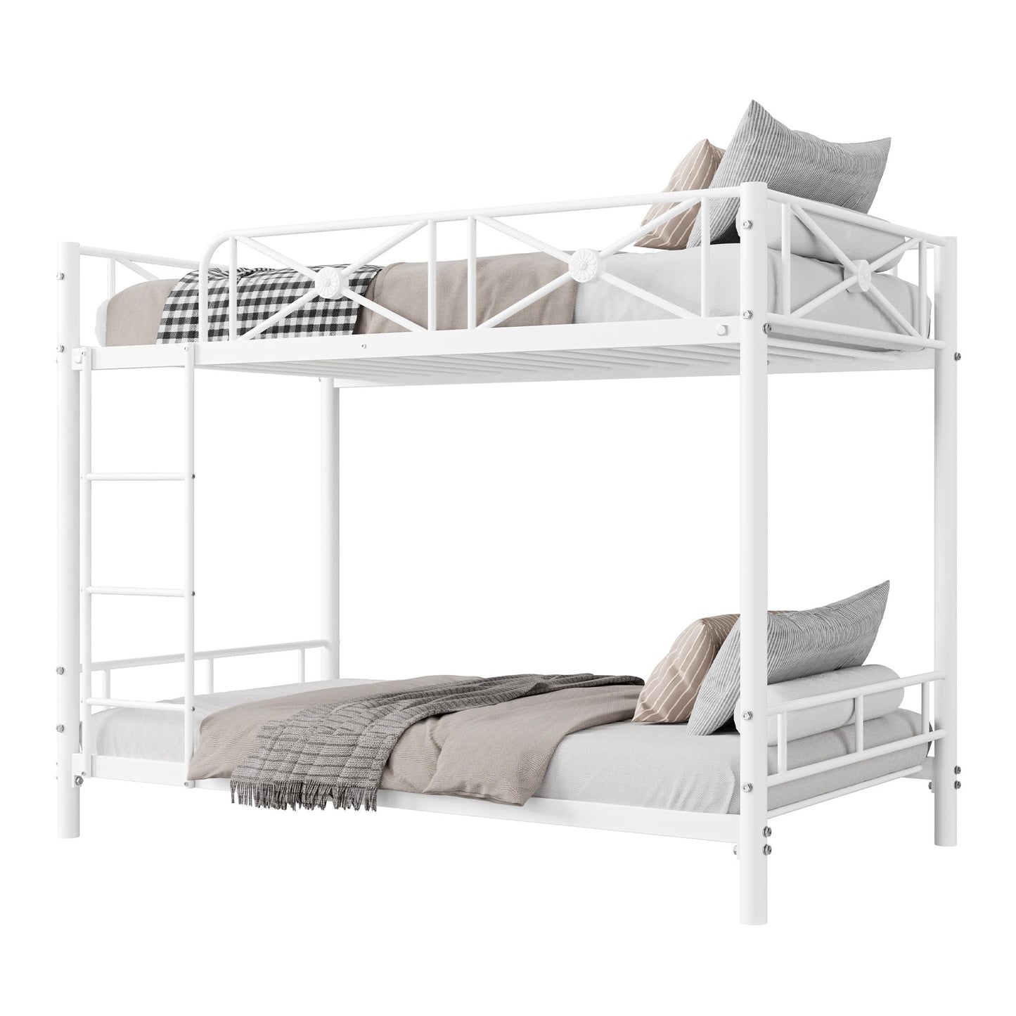 IDEALHOUSE Metal Bunk Bed Twin Over Twin, Modern Heavy Duty Bunkbeds with Safety Guard Rails & Space-Saving Design, Steel Twin Bunk Beds for School, Bedroom, White