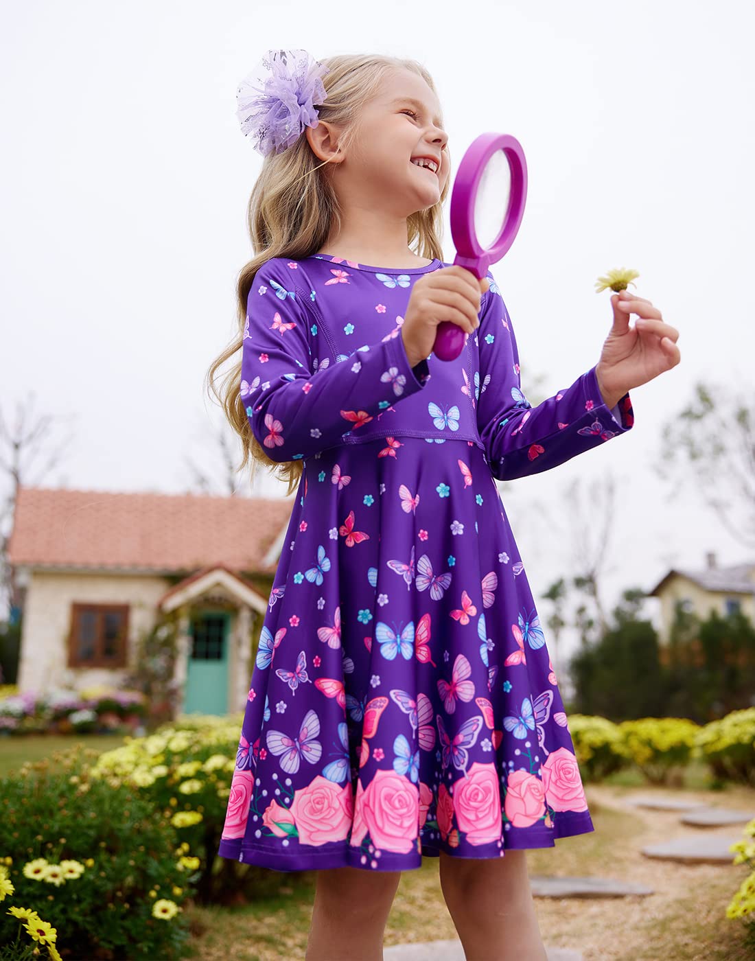 LaBeca Girls Printed Casual Party Dresses Twirly Long Sleeve Dress Butterfly Fall L
