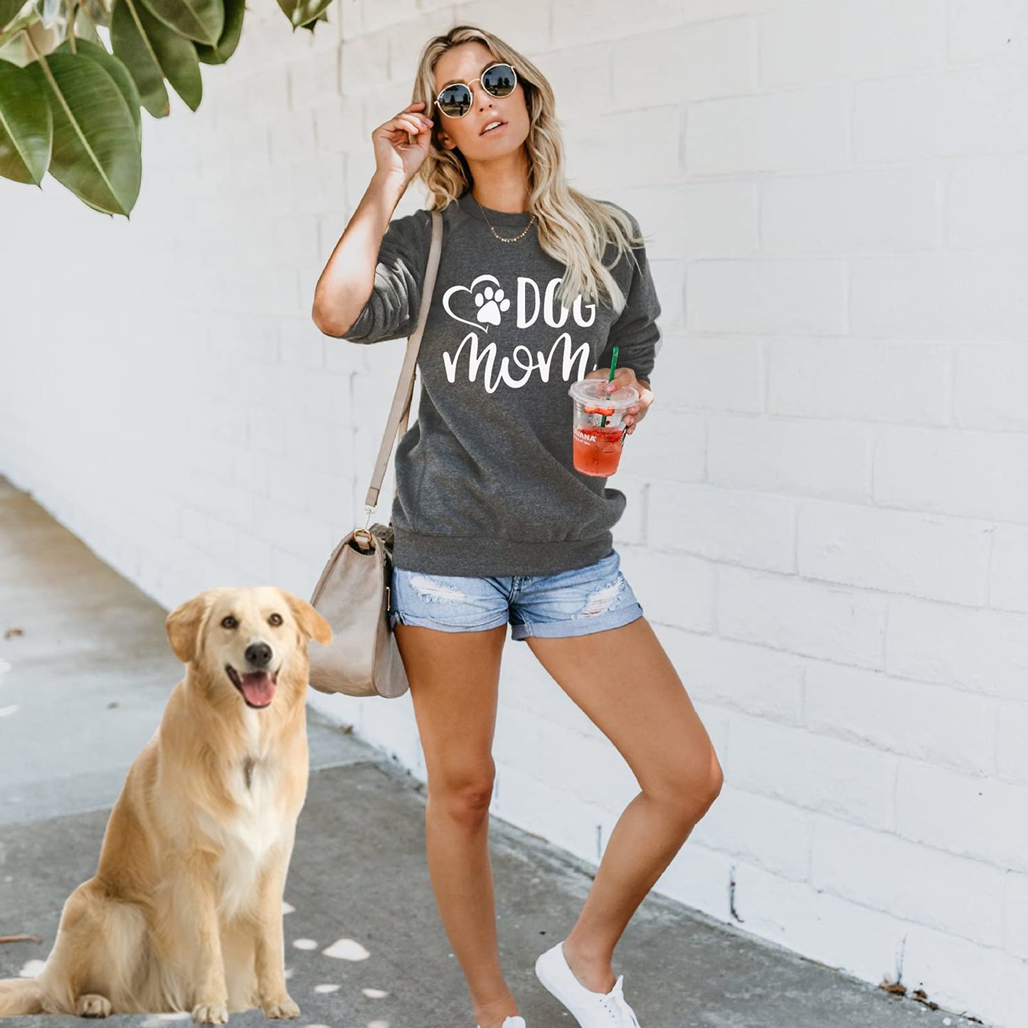 VILOVE Dog Mom Sweatshirt Women Dog Paw Print Cute Sweatshirt Funny Graphic Sweatshirts Long Sleeve Tees Tops Gray
