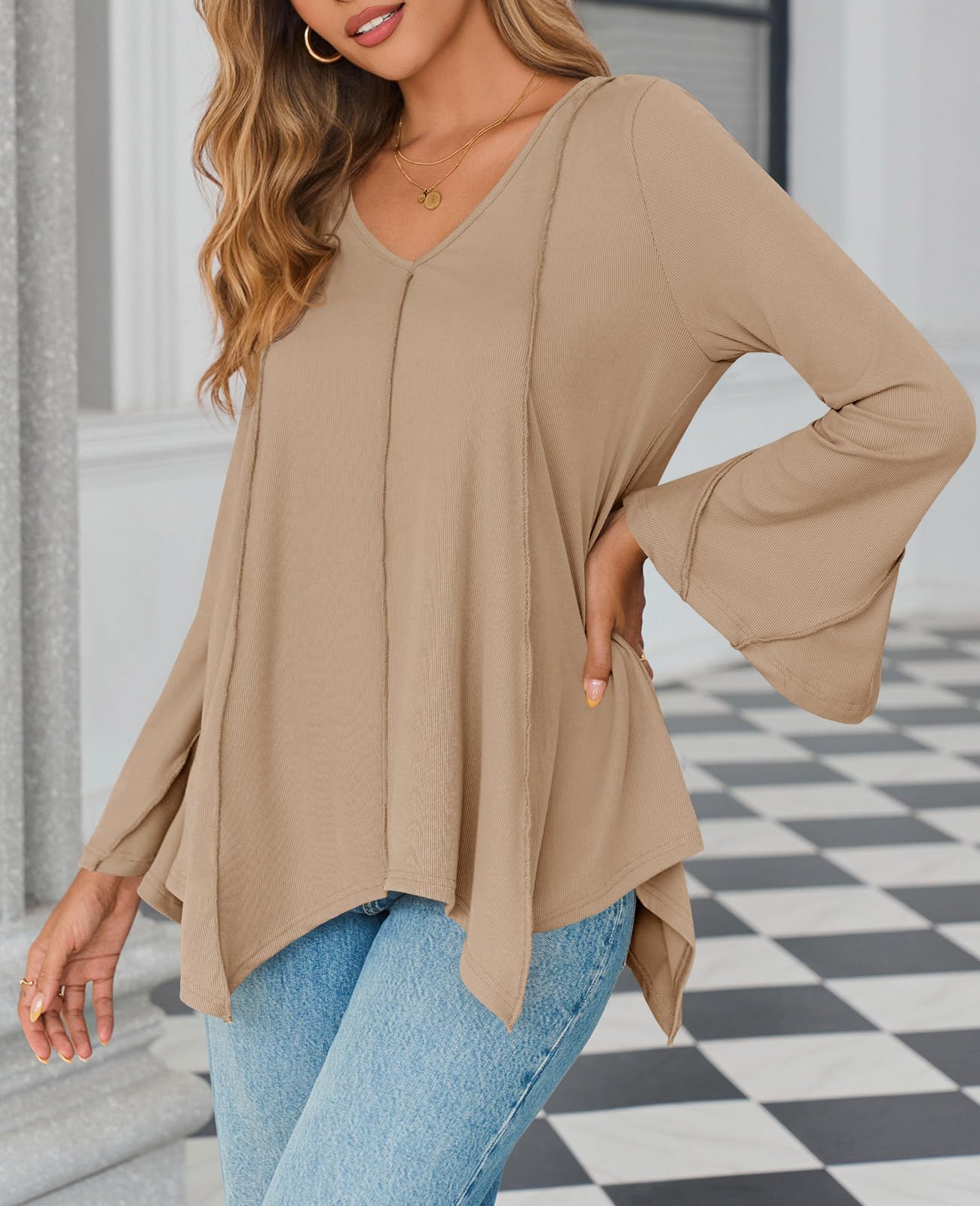 Tankaneo Womens Long Bell Sleeve Tops V Neck Asymmetrical Hem Ribbed Shirts Flowy Trendy Loose Fit Tees Tunic Shirts Khaki