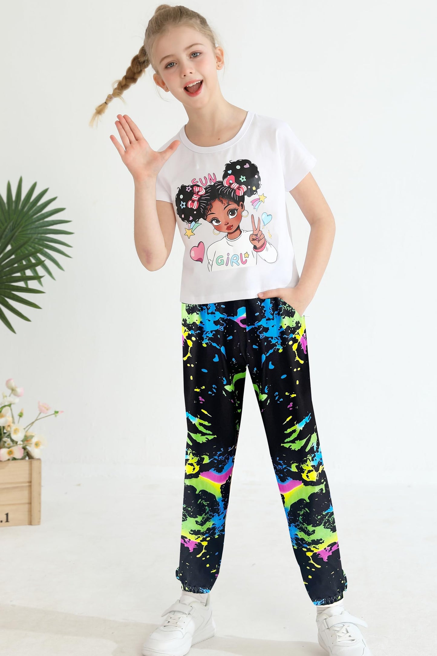mksodop Girls Clothes 2Piece,Teen Girls clothes Fashion Printed T-Shirt and Camouflage Pants Girls Outfits Set