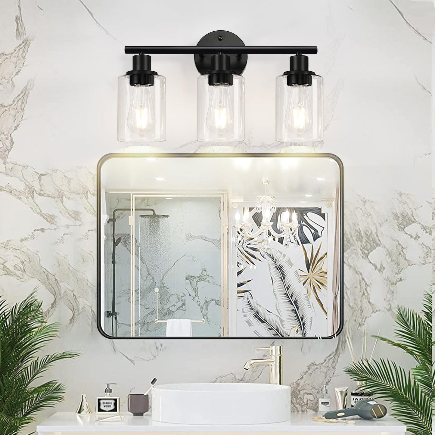 Zarbitta 3-Light Bathroom Light Fixtures, Black Modern Vanity Lights with Clear Glass Shade, Bathroom Wall Lamp for Mirror Kitchen Living Room Hallway Cabinet Porch