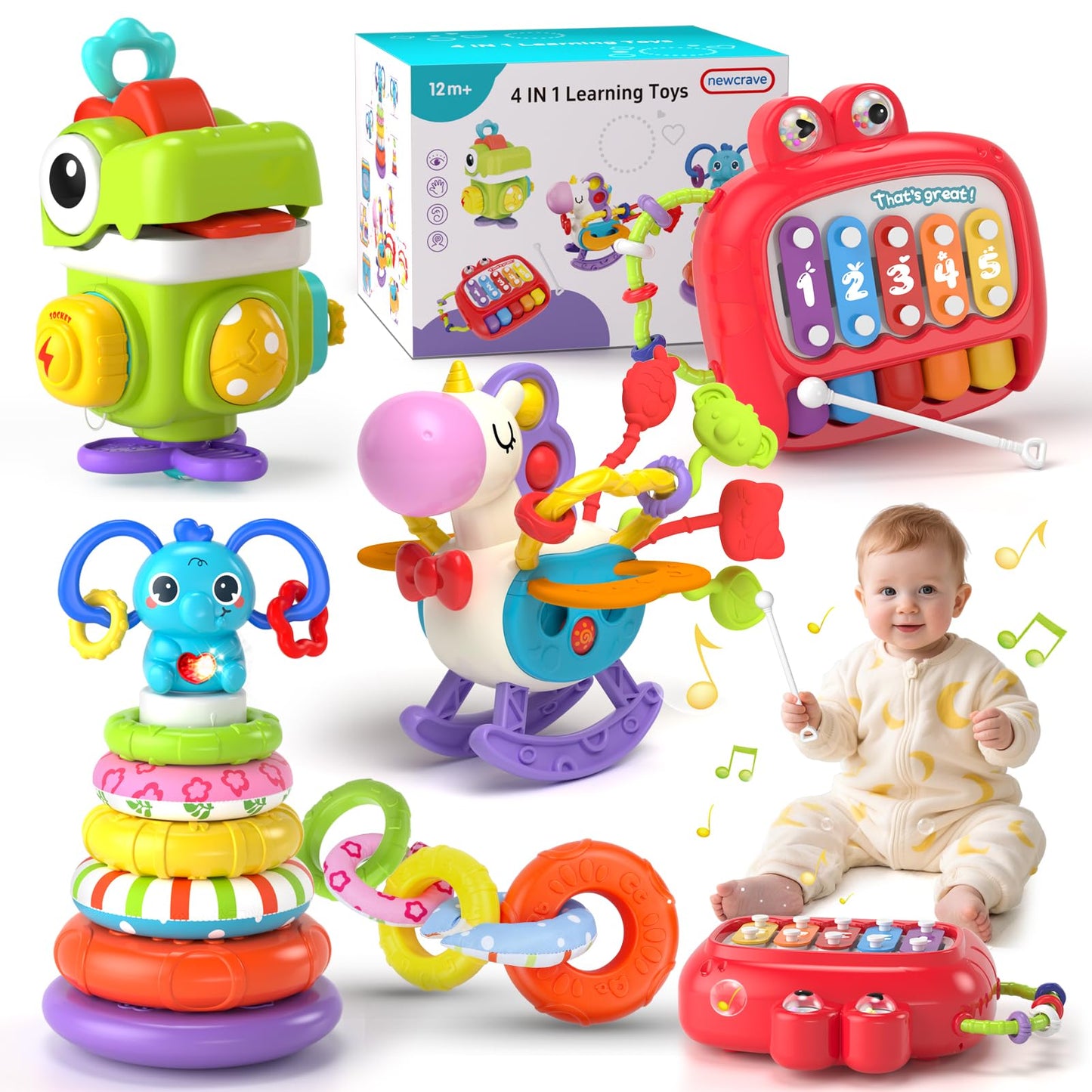 4 in 1 Baby Toys for 6 to 12 to 18 Months, Infant Sensory & Stacking for 1+ Year Old, Busy Cube Toys for Babies 6 - 12 Months, Piano Xylophone Musical Travel Toys, Christmas Birthday Gifts for 1 - 2