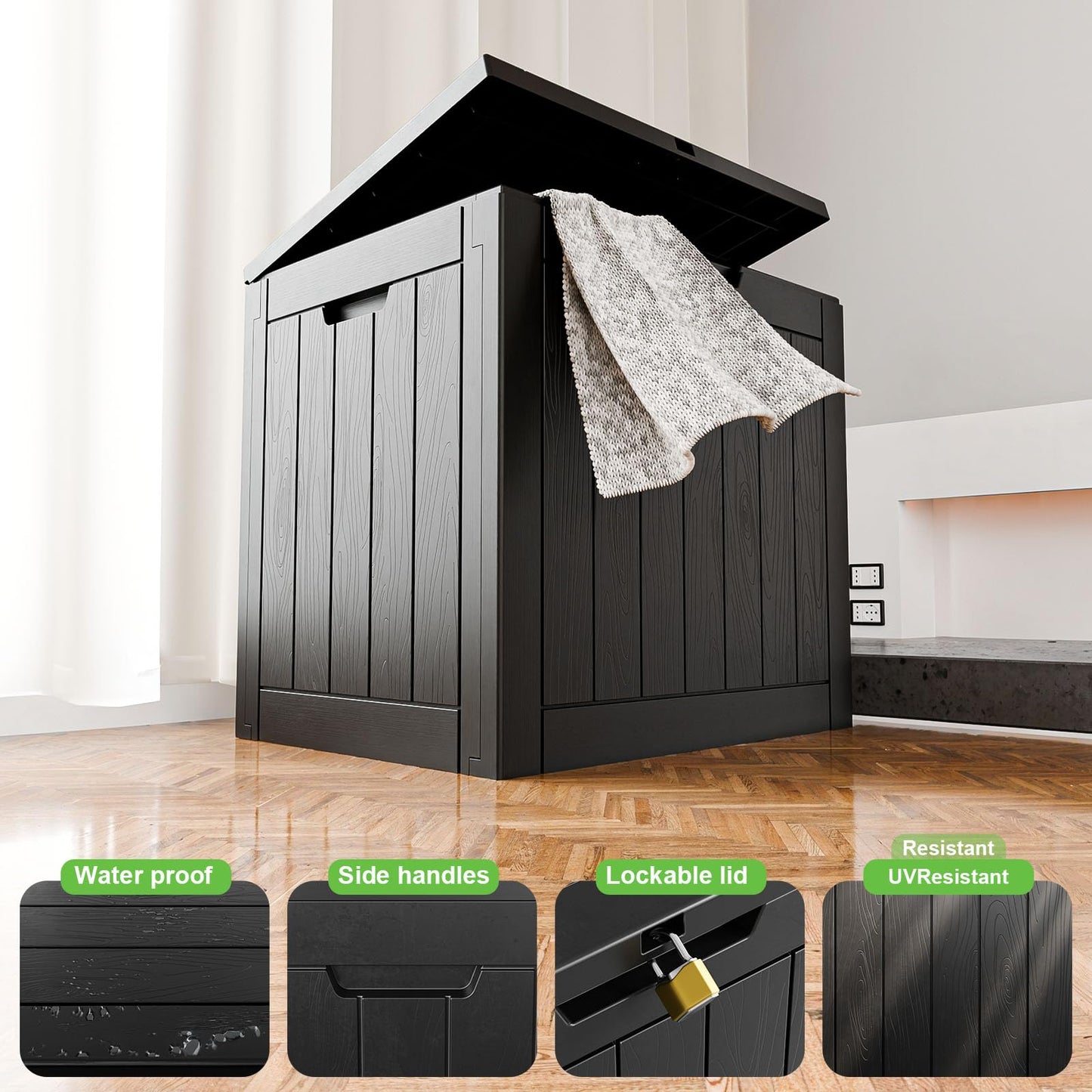 MAIUSCOLI 30 Gallon Outdoor Deck Box,Storage Lockable Waterproof Patio Furniture,Garden Tools,Cushions,Pool Accessories Outside Storage Resin Box(Black)