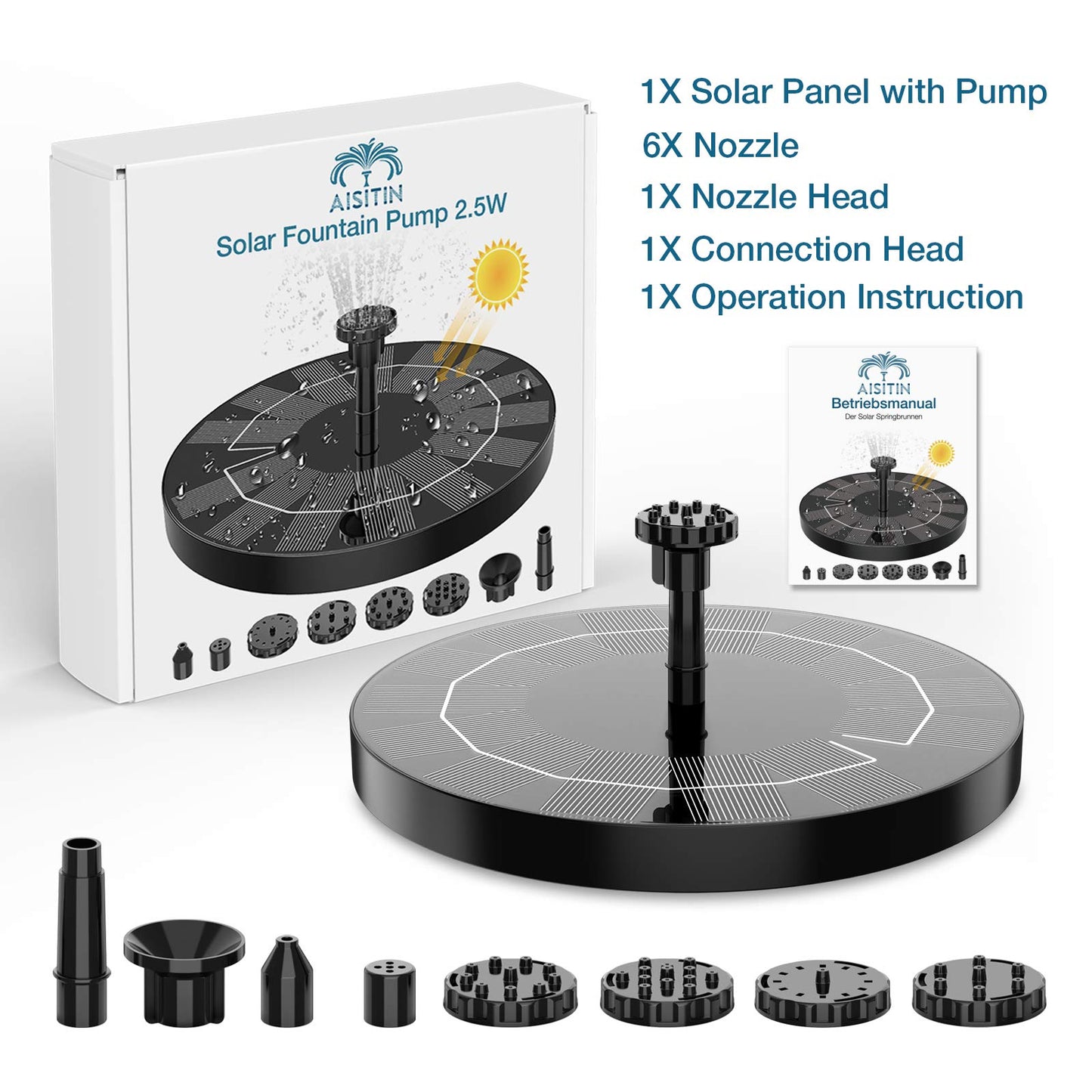AISITIN 2.5W Solar Bird Bath Fountain Pump, Solar Fountain Pump for Bird Bath with 6 Nozzles, 6.7" Solar Powered Water Fountain Pump for Garden, Ponds, Pool, Fish Tank, Aquarium and Outdoor