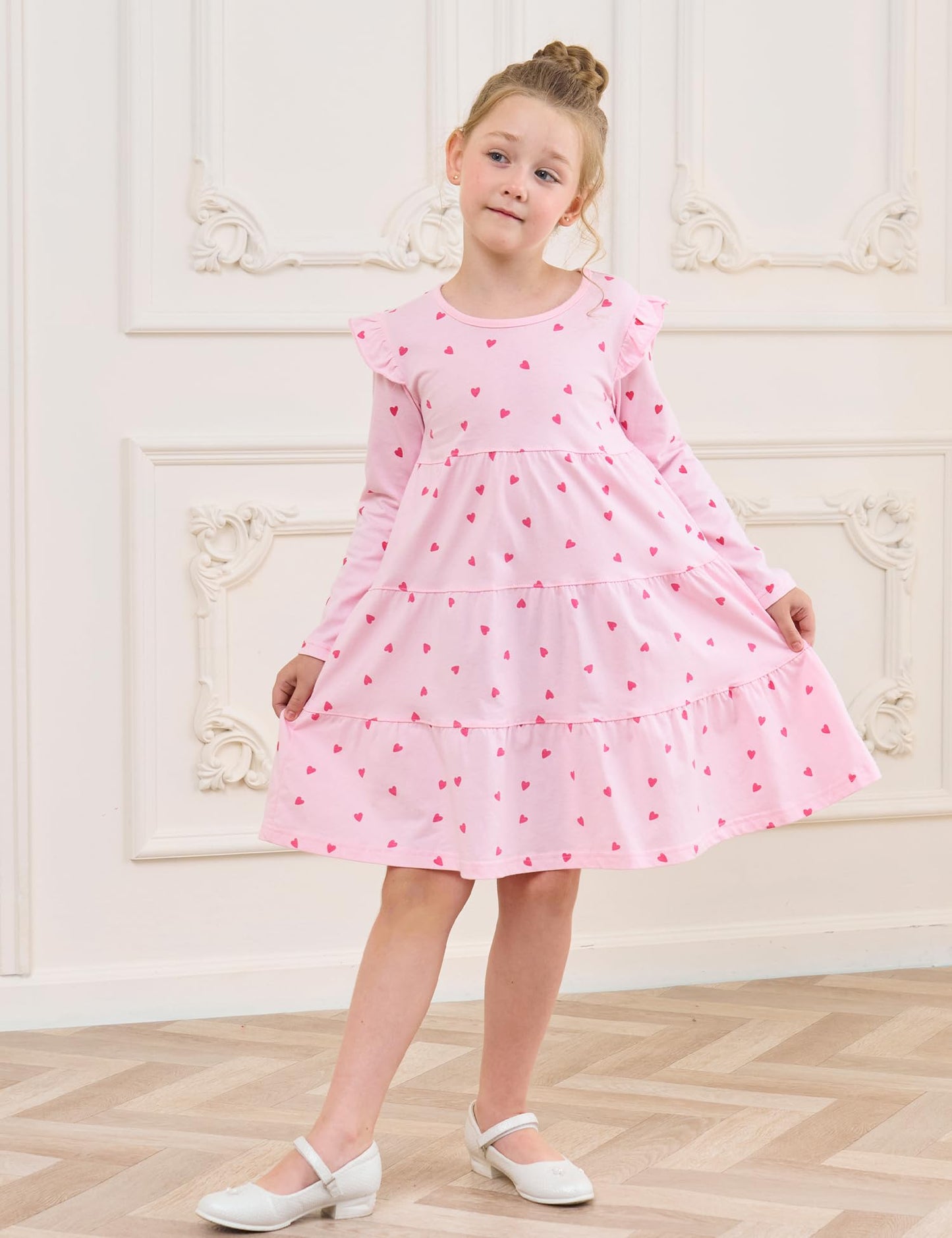 Bumeex Tween Kids Big Girl's Girl Dress Fall Spring Winter Long Sleeve School Cotton Valentines Casual A-Line Dresses Outfits Clothing Clothes Vestido para Niña Pink Heart 10-11 Years