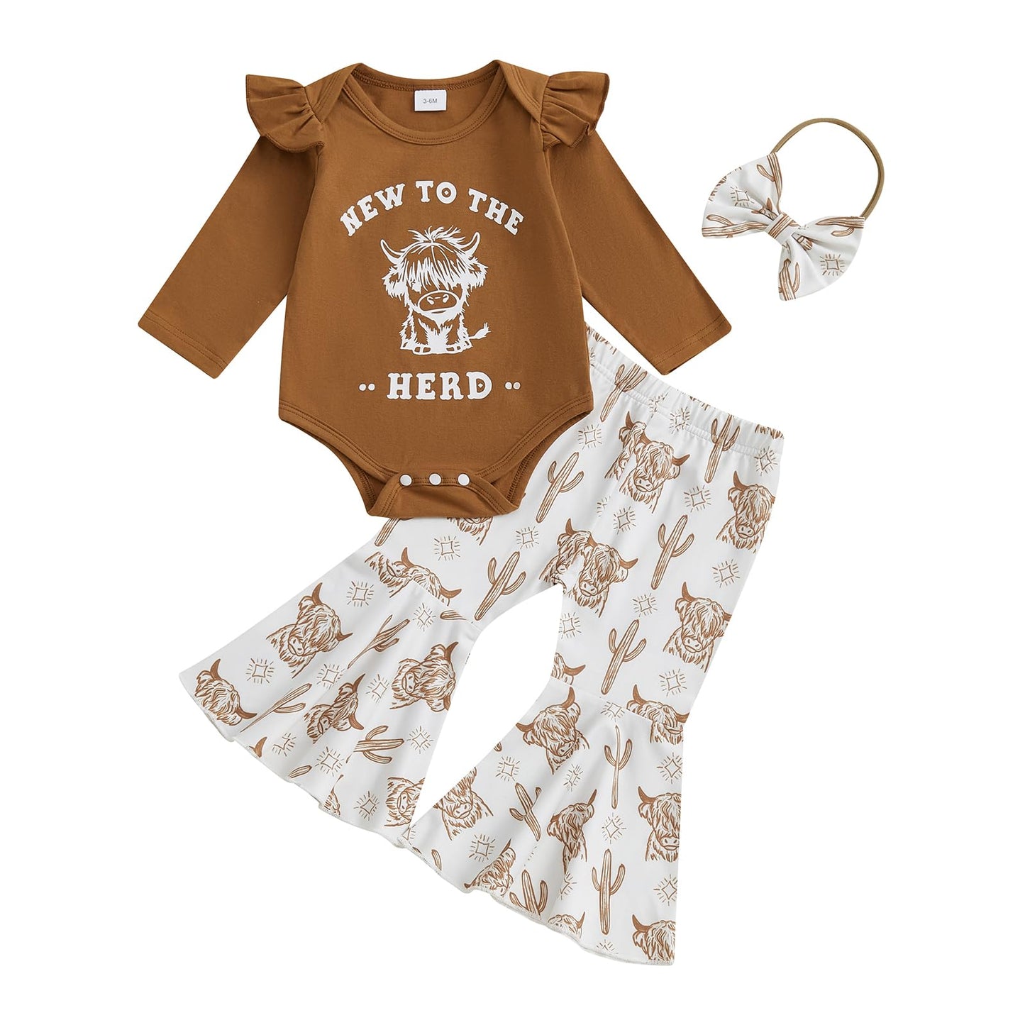 Summffie Western Baby Girl Fall Clothes Cute Cow Print Long Sleeve Romper Bell Bottom Flared Pants Set Newborn Cowgirl Outfit (New To The Herd Brown, 0-3 Months)