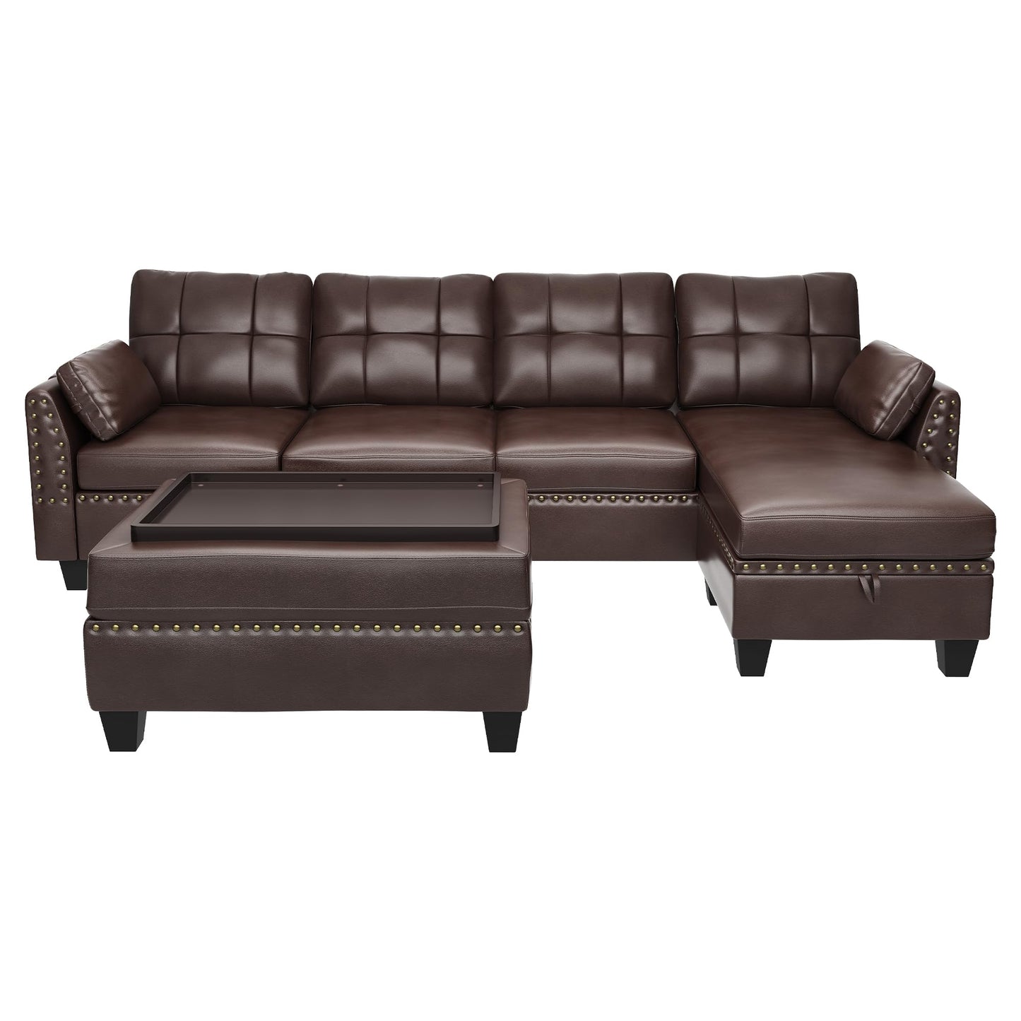 HONBAY Brown Leather Sectional Sofa with Ottoman - Easy Assembly, Storage Space
