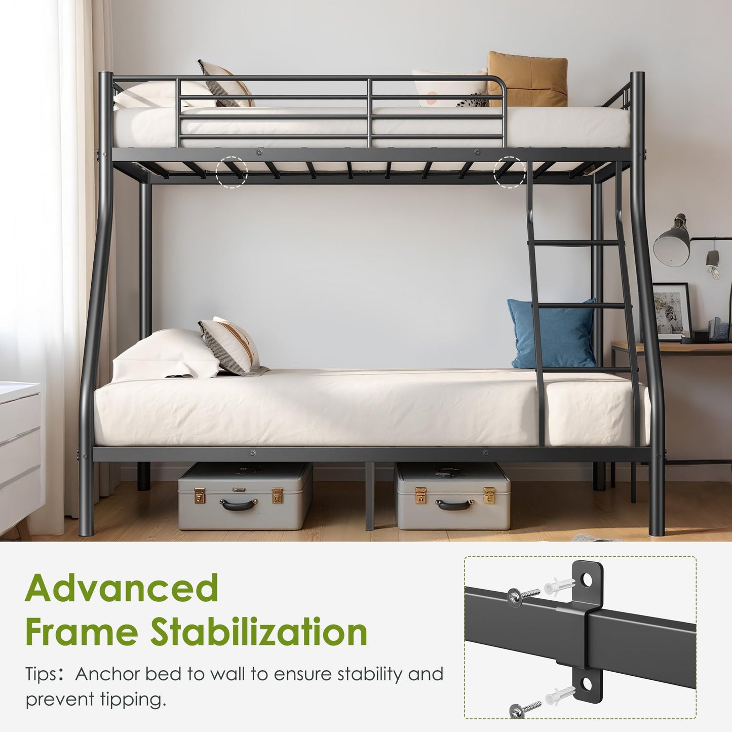 Cyranture Bunk Beds Twin Over Full Size, Heavy Duty Bunk Beds with Bottom Space & Guardrail Metal Bunk Bed Frame for Adults Dorm Bedroom Guest Room, No Box Spring Needed（Upgrate Black）