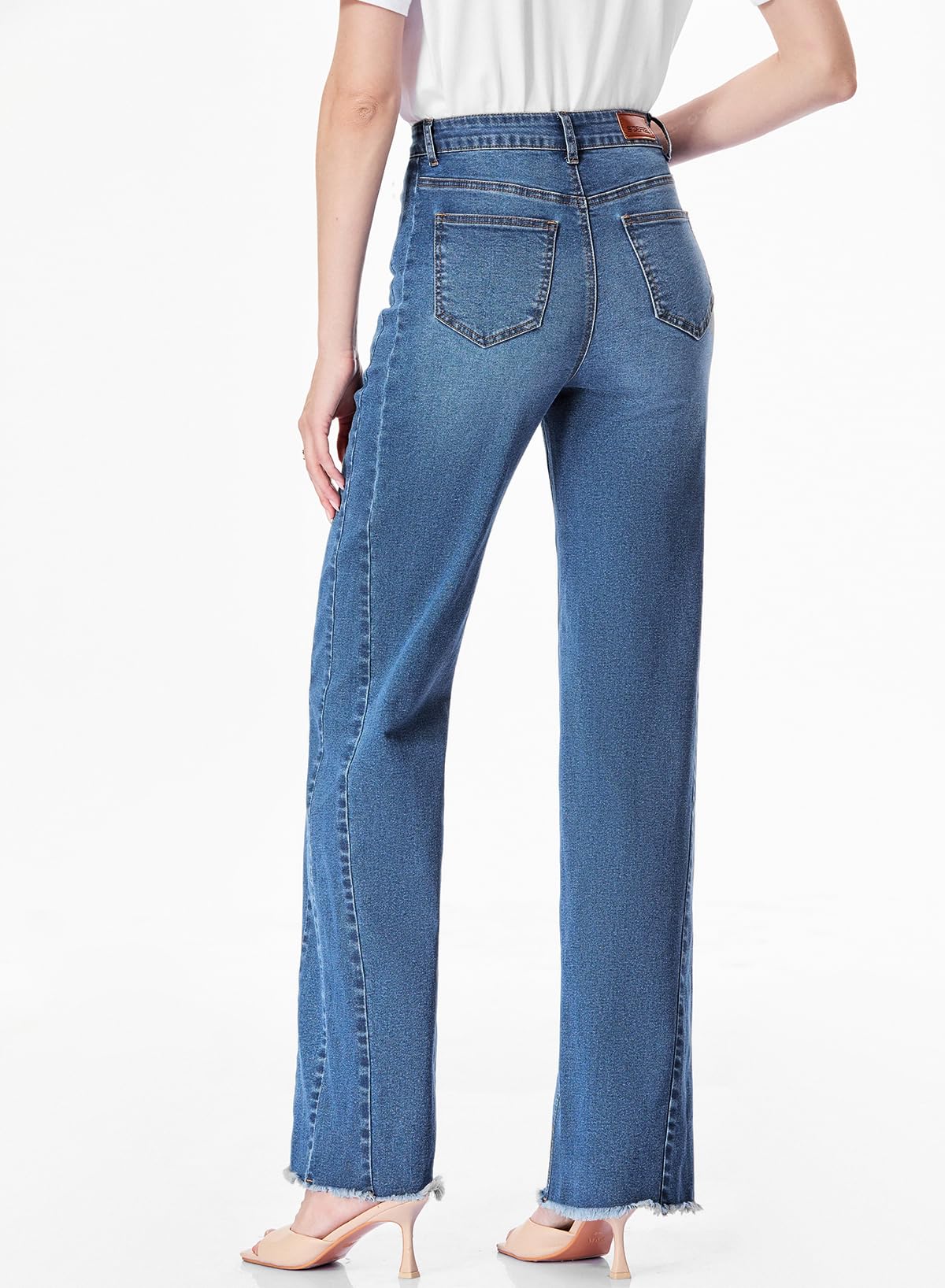 Sidefeel Women's Wide Leg Jeans High Waisted Stretchy Raw Hem Denim Pants Size 12 Blue