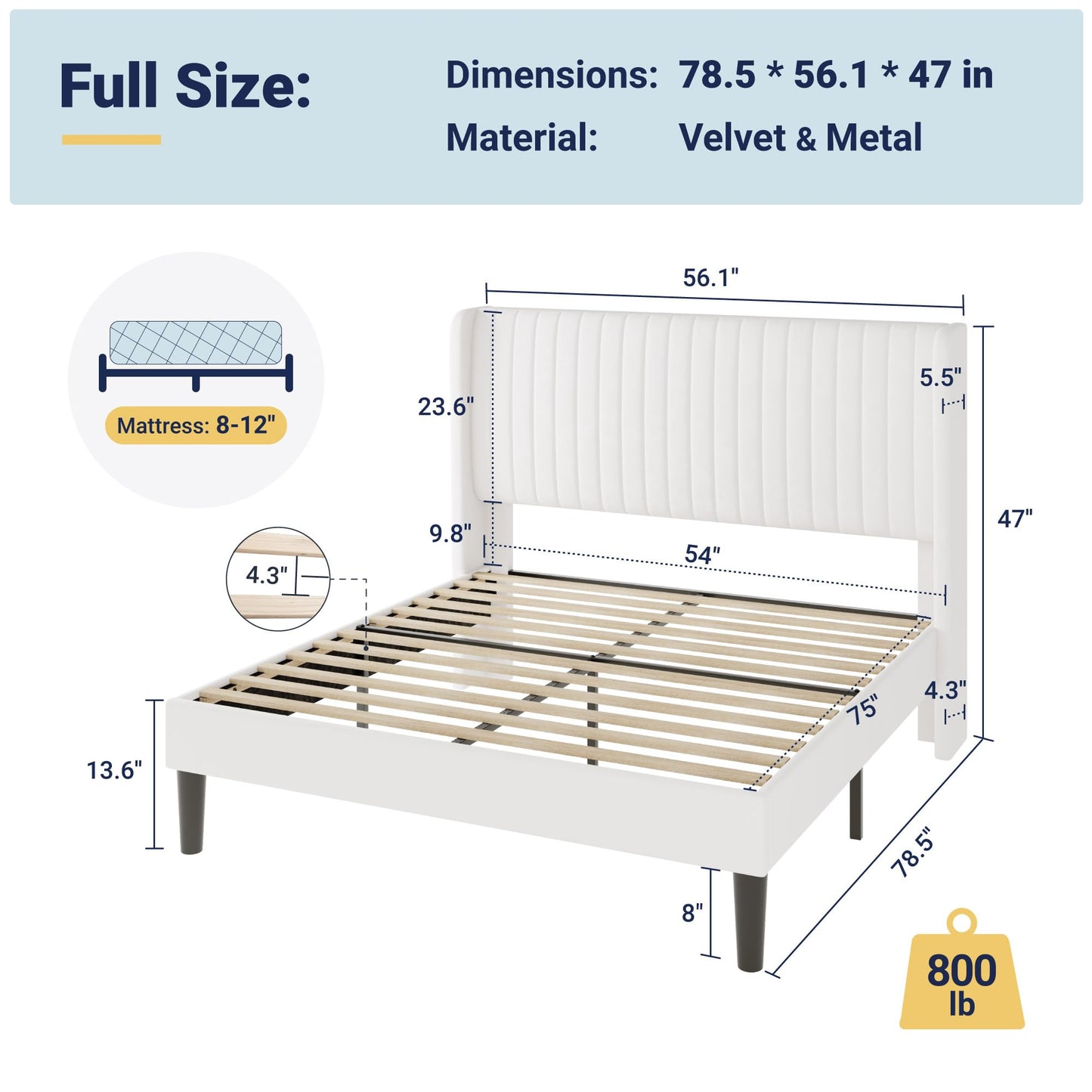 Allewie Full Size Velvet Bed Frame/Vertical Channel Tufted Wingback Headboard/Upholstered Platform Bed/Strong Wooden Slats/No Box Spring Needed/Easy Assembly/White