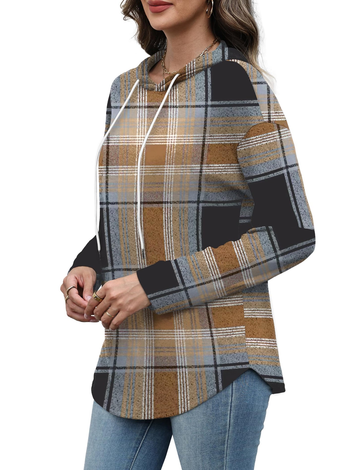 Chocolate Brown Fall Clothes for Women 2025 Winter Clothing Long Sleeve Tunic Tops Soft Hoodies Pullover Oversized Sweatshirts Plaid L