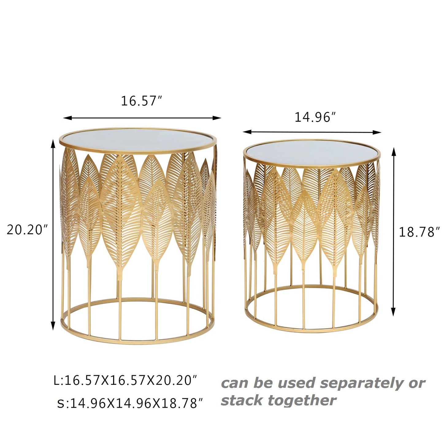Joveco End Tables Set of 2- Gold Round Coffee Tables Leaves Nightstands Stools- Accent Nesting Side Tables for Living Room Bedroom and Entryway