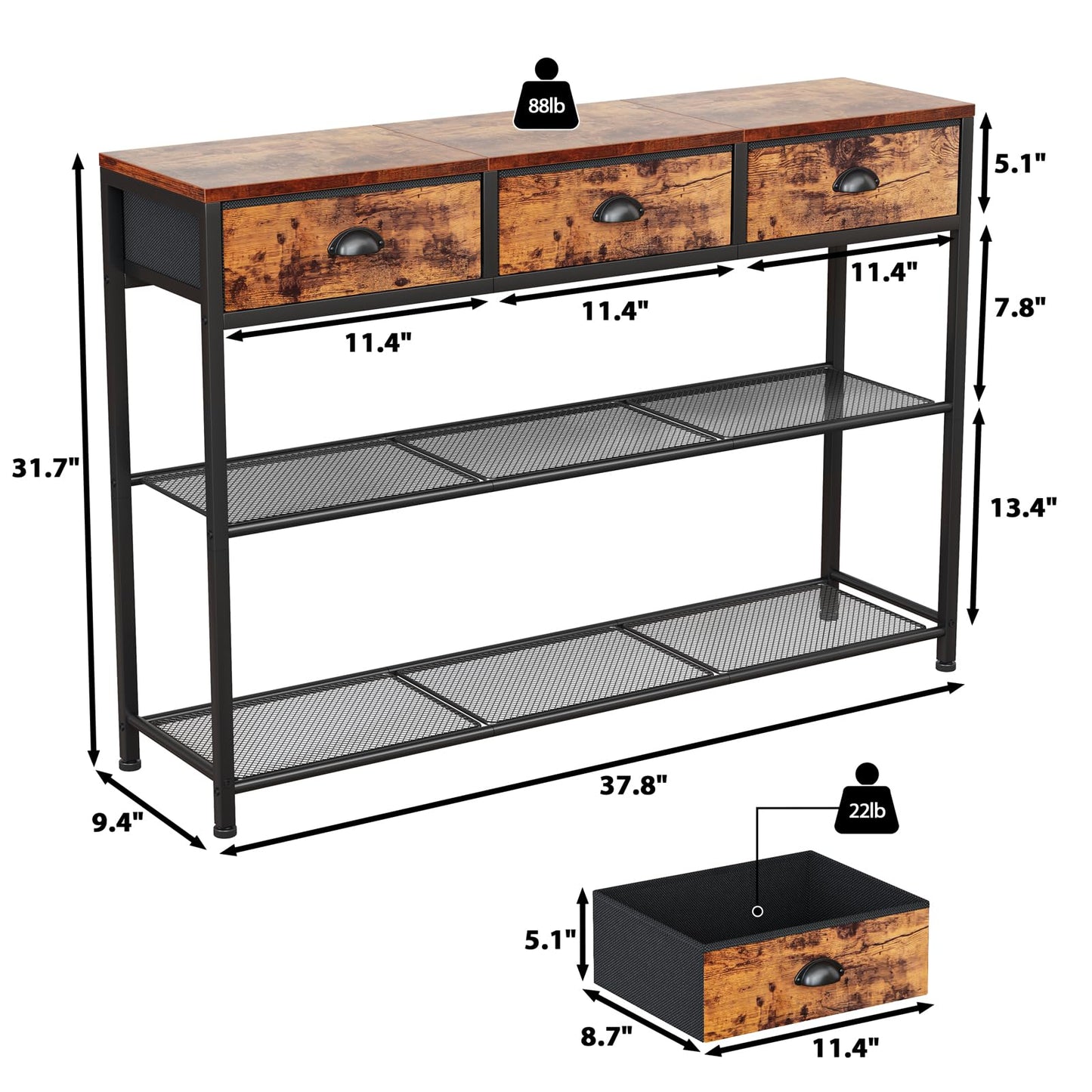 Furologee Entryway Table, 38'' Console Sofa Table with 3 Fabric Drawers, Industrial Entry Way Table with Storage Shelves, Display Shelf for Living Room, Hallway, Entrance, Foyer, Rustic Brown