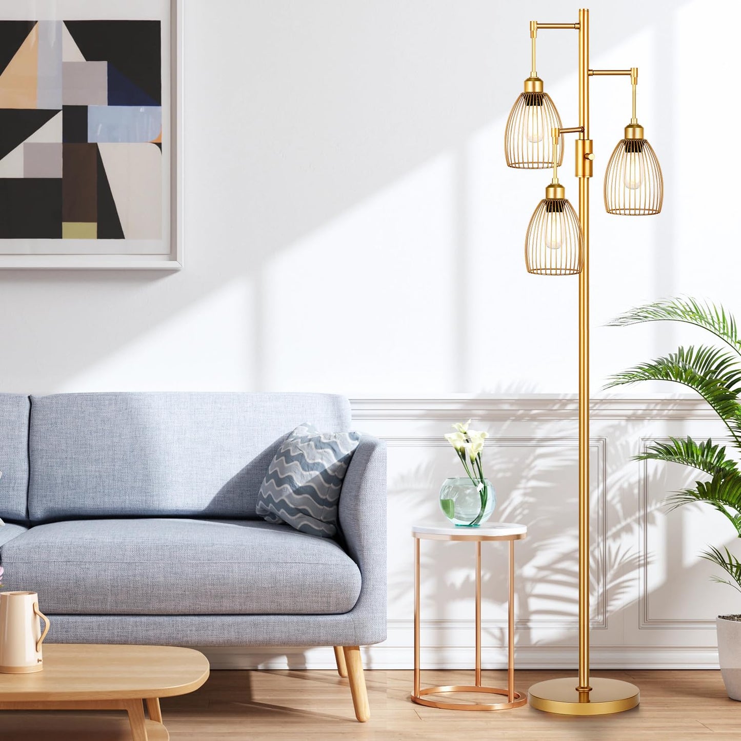 Dimmable Industrial Floor Lamps for Living Room, Gold Tree Standing Tall Lamps with 3 Elegant Teardrop Cage Head & 800 Lumens LED Bulbs for Bedroom Office