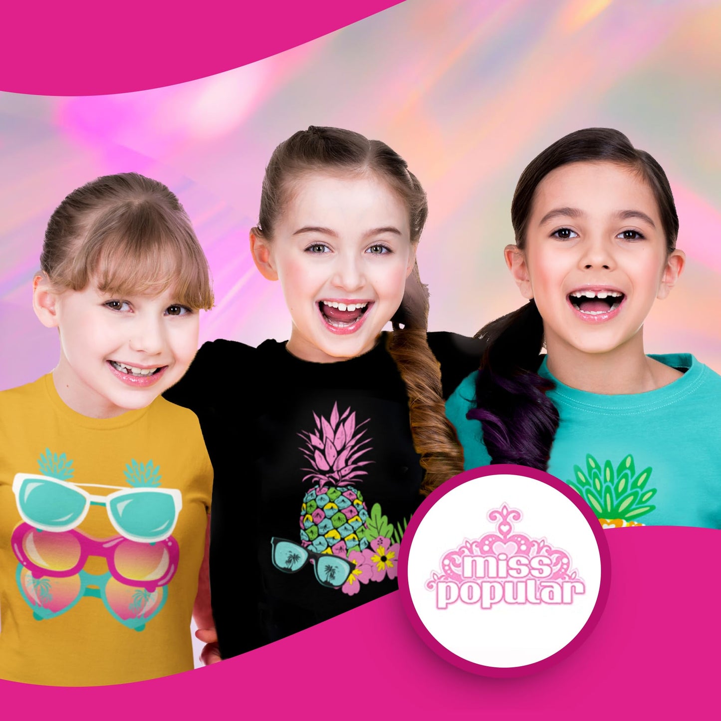 MISS POPULAR Girls 4-Pack Super Soft Short Sleeve T-Shirts Rainbow Butterfly Glitter Print Cute Design| Sizes 7-16