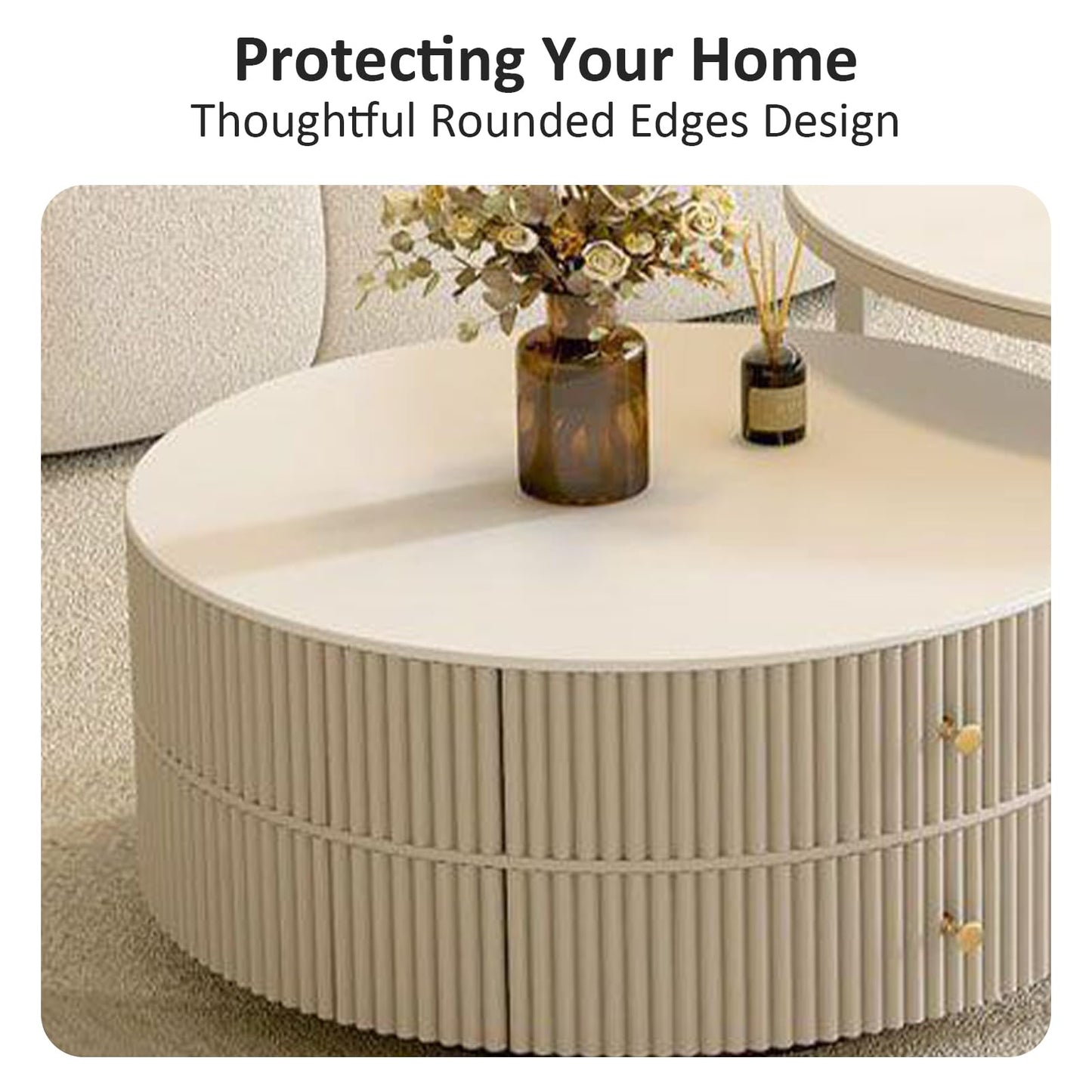 Kadaligh Nesting Coffee Table Set of 2 with Leather Stool - Ivory Wood Circle Embossed Design Coffee Table with 2 Drawers - Round Table with Baking Paint Frame