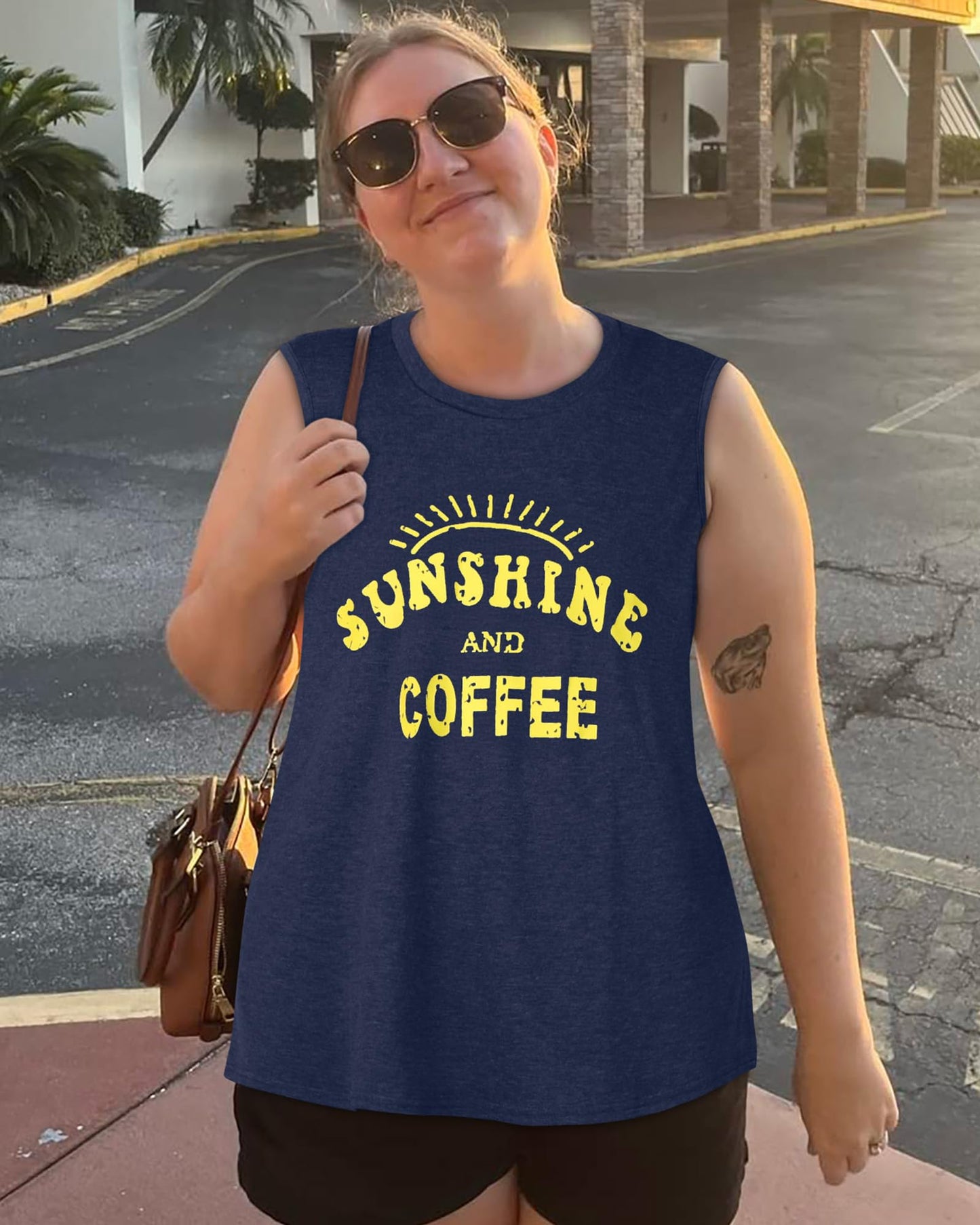 rosemia Tank Tops for Women Summer Sunshine and Coffee Graphic T-Shirts Sleeveless Casual Ladies Loose Tunic Blouse(Sunshine Deep Blue, L)