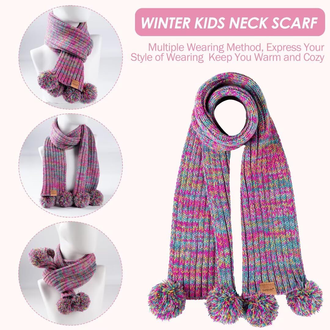 Kids Winter Hat Gloves Scarf Set, Girls Toddler Children Beanie with Pom Knit Neck Warmer Gaiter Mittens Fleece Lined Set（Rainbow Mix）