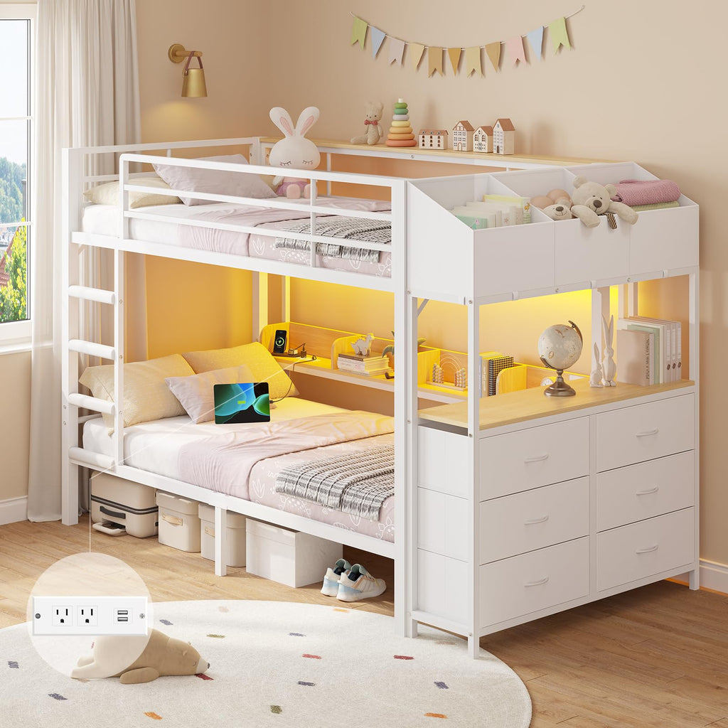Twin Over Twin Bunk Bed with 6 Storage Drawers & 3 Boxes, Dual Side Shelves, Twin Bunk Beds for Kids with LED Lights and Charging Station, Heavy Duty Metal Bunk Bed with Safety Guardrail and Ladder
