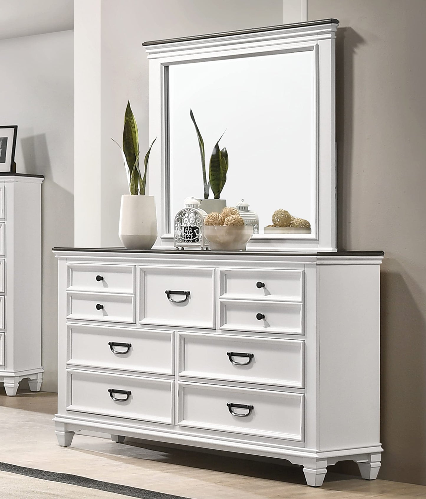 Clelane Wood Bedroom Set with Shiplap Panel King Bed, Dresser, Mirror, Two Nightstands, and Chest in Weathered White and Dark Gray