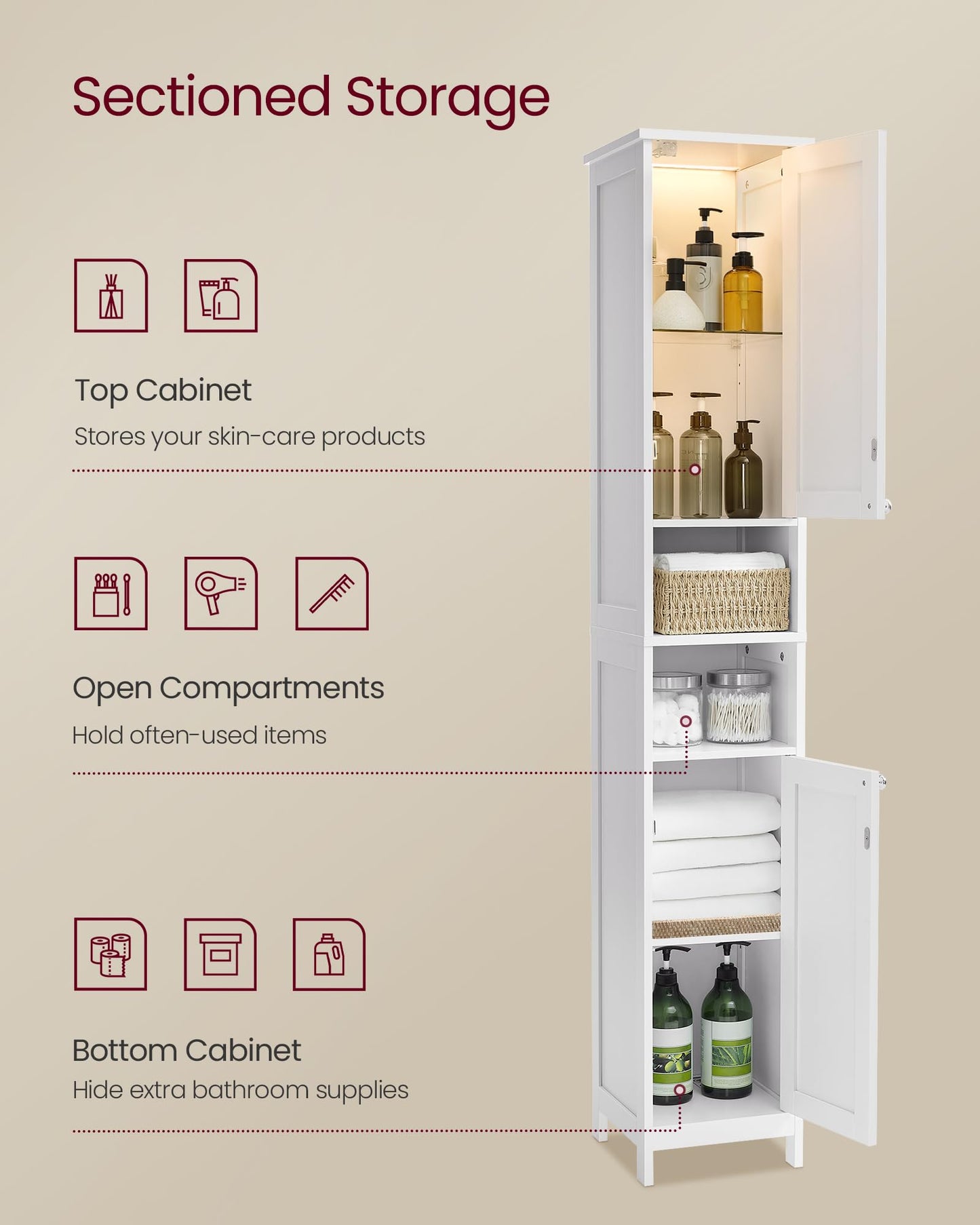 VASAGLE Tall Bathroom Cabinet with Lights, Slim Bathroom Storage Cabinet, Freestanding Narrow Cabinet with Adjustable Shelves, Open compartments, for Small Spaces, Modern, Cloud White UBBC566W02