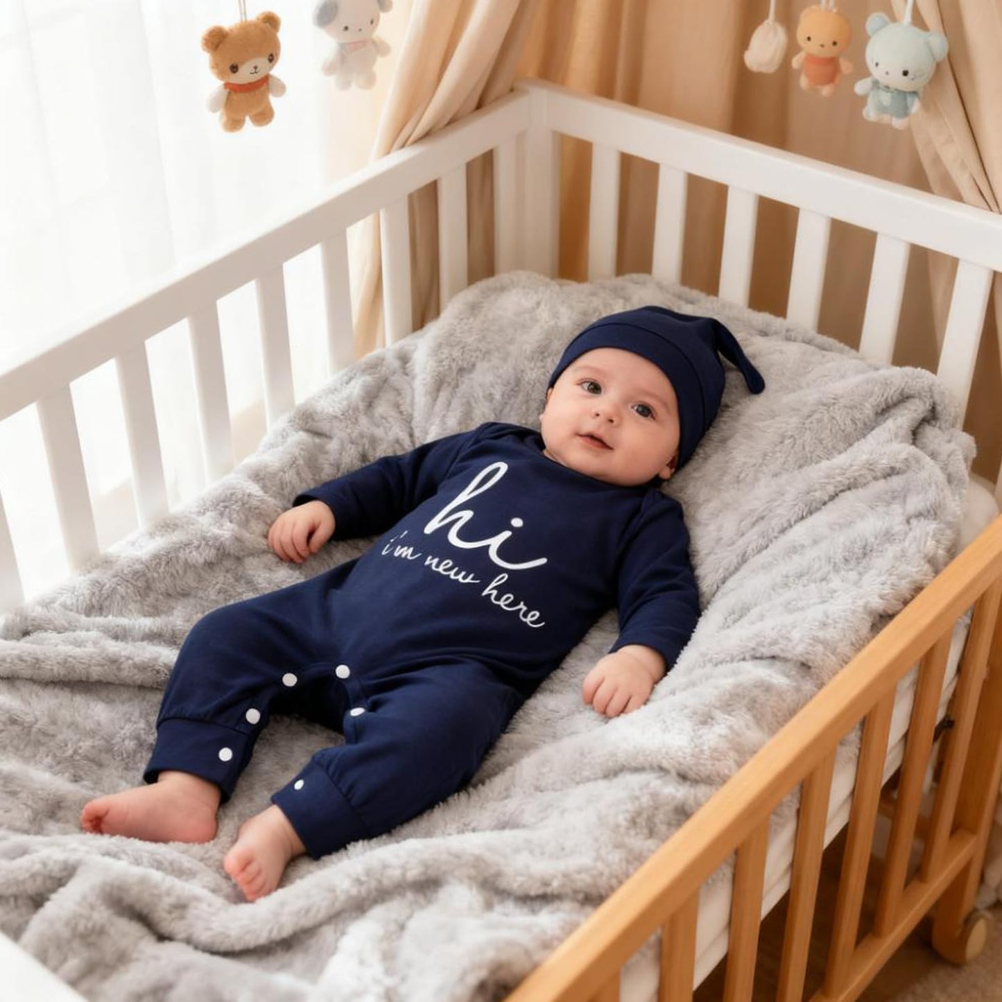 GRNSHTS Newborn Baby Boy Romper Coming Home Outfits Letter Print Bodysuit Jumpsuit+Hat+Gloves 3PCS Clothes Set (A-Navy Blue, Newborn)