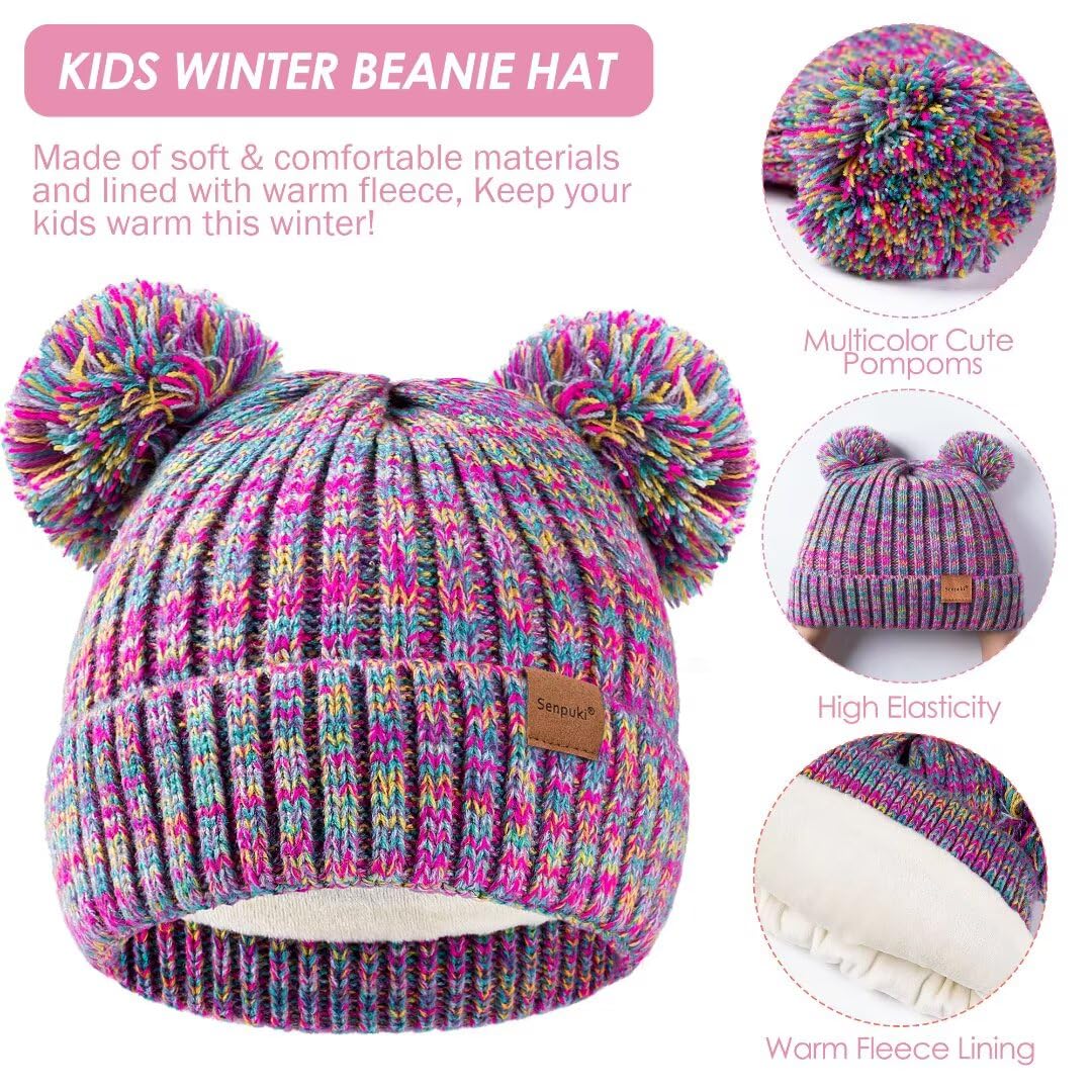 Kids Winter Hat Gloves Scarf Set, Girls Toddler Children Beanie with Pom Knit Neck Warmer Gaiter Mittens Fleece Lined Set（Rainbow Mix）