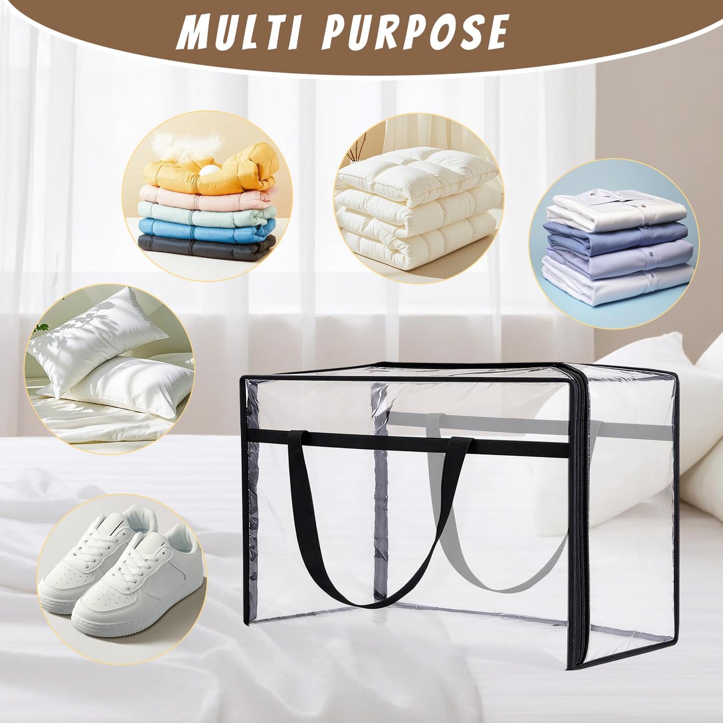 Nozefy 60L Clear Storage Bags Plastic Blanket Storage Bag Foldable Moving Organizers Containers with Zipper for Bedding Blanket Clothes Under Bed Holder - 2 Pcs