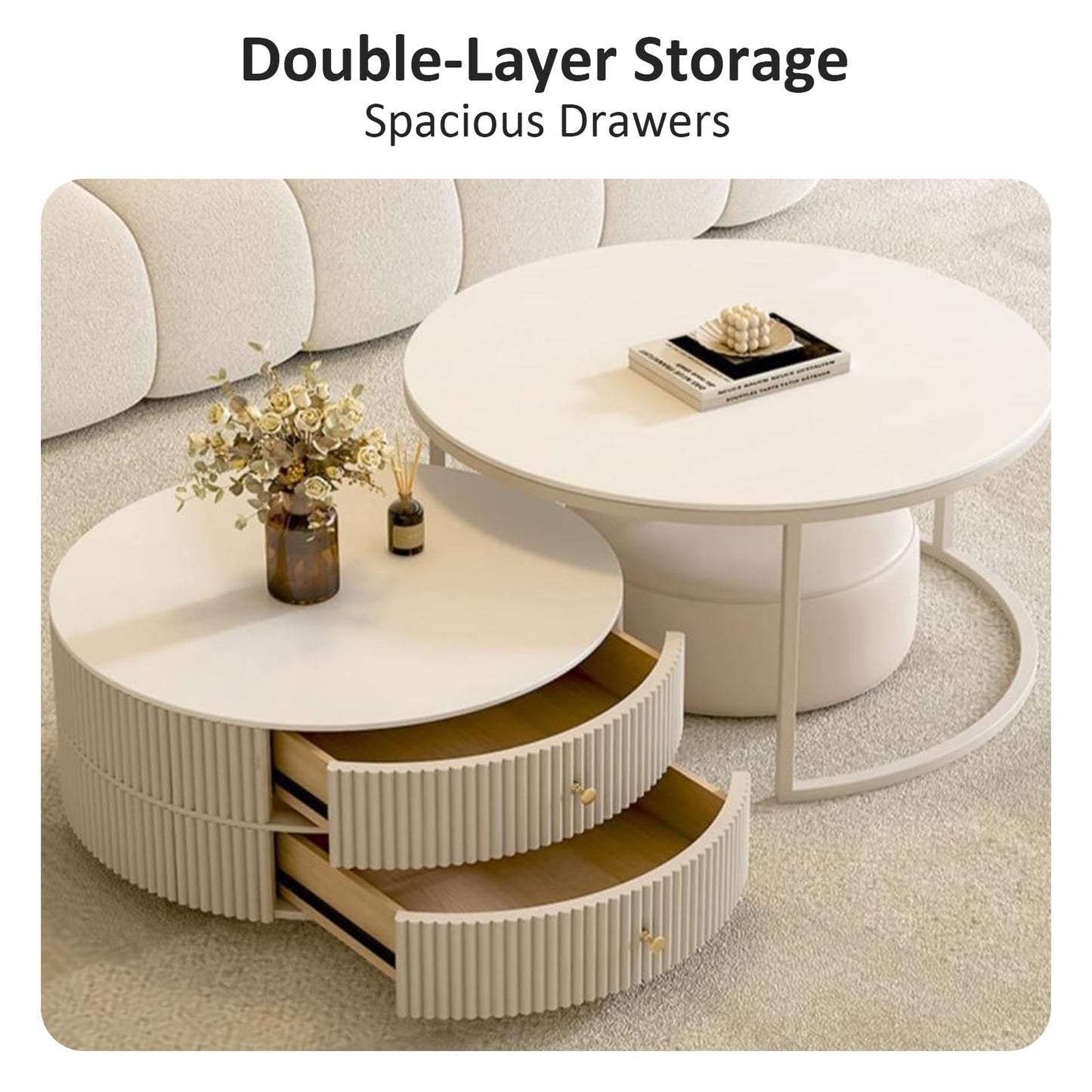 Kadaligh Nesting Coffee Table Set of 2 with Leather Stool - Ivory Wood Circle Embossed Design Coffee Table with 2 Drawers - Round Table with Baking Paint Frame