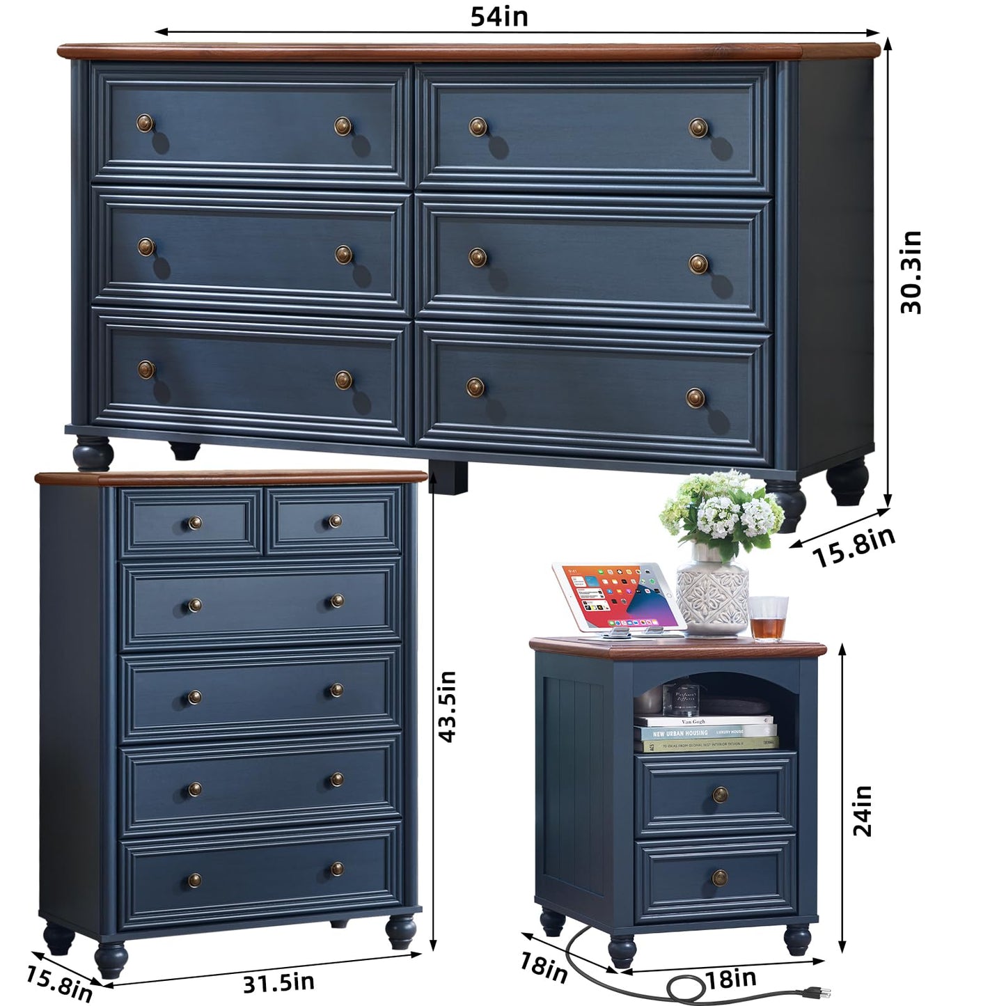 Farmhouse Dressers & Night Stand Set of 4, Wood 54" Wide Dresser & 43.5"Tall Chest of Drawers, 18" with Charging Station Nightstand Set of 2, Bedroom Furniture Dresser Set for Home Living Room Hallway