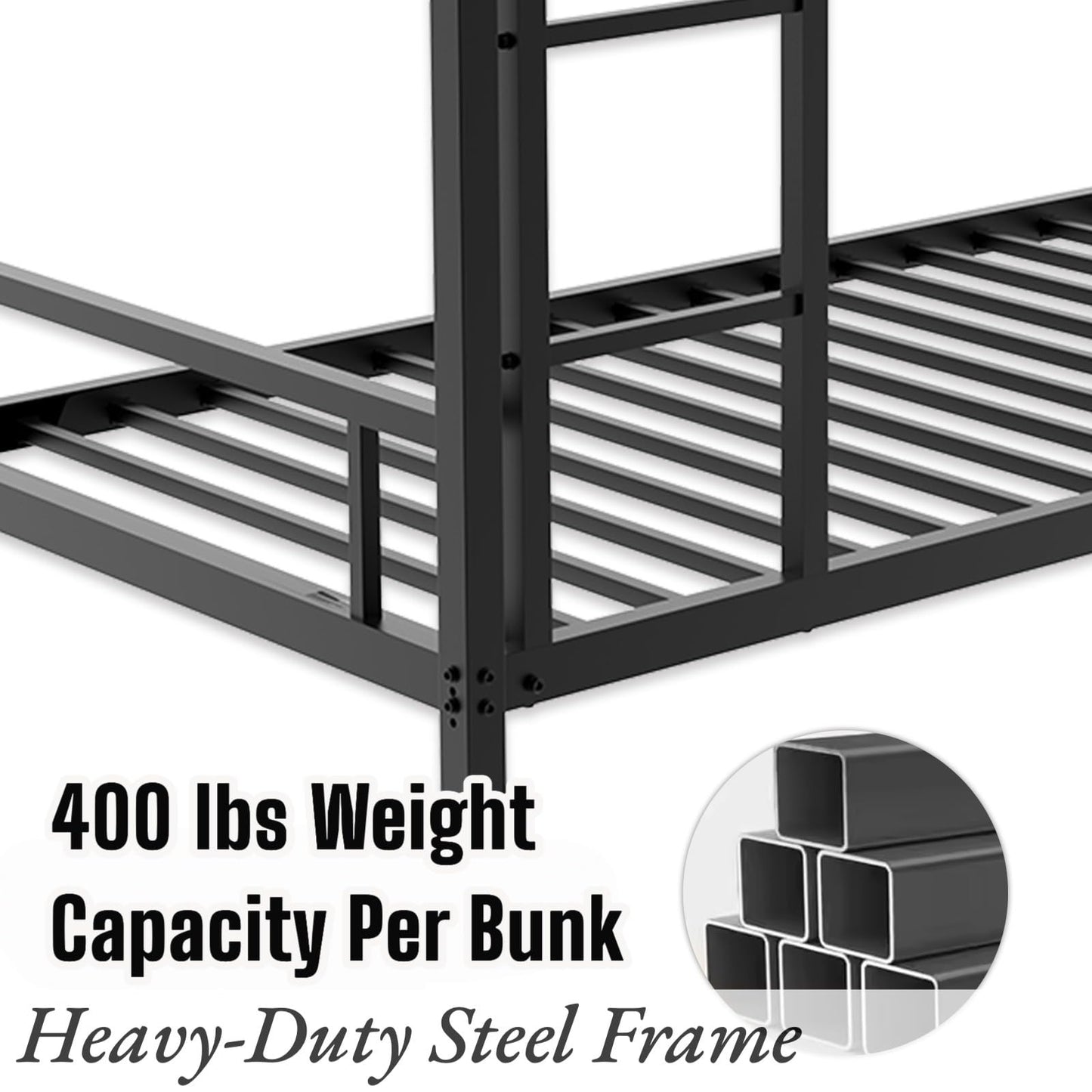 Havora Heavy-Duty Metal Twin Over Twin Bunk Bed Frame, Low 53.9” Quiet Steel Design for Kids & Teens, 400 lbs Each Bunk with 12.8” Full-Length Guardrails, Wide Ladder, No Box Spring Needed, Black