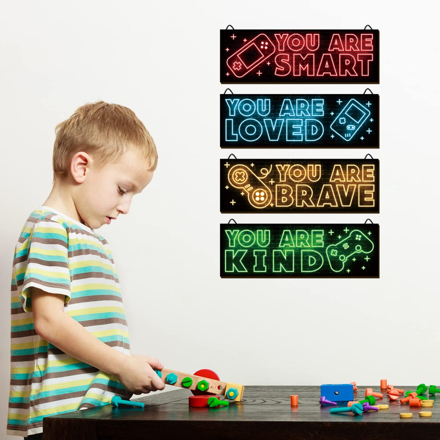 YLOLUL 4 Pieces Neon Gaming Decor for Boys Room Wooden Video Game Wall Art Print 12 X 4 Inch Motivational Quote Gamer Hanging Plaques Wall Decor for Boys Kids Room Bedroom Playroom Decorations