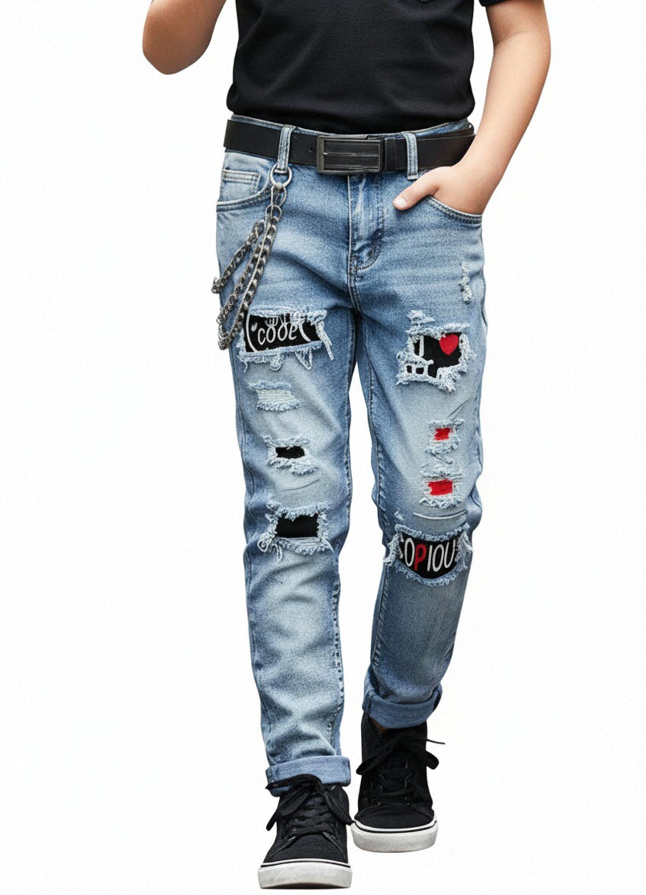 Boy's Skinny Fit Ripped Destroyed Distressed Stretch Slim Jeans Pants