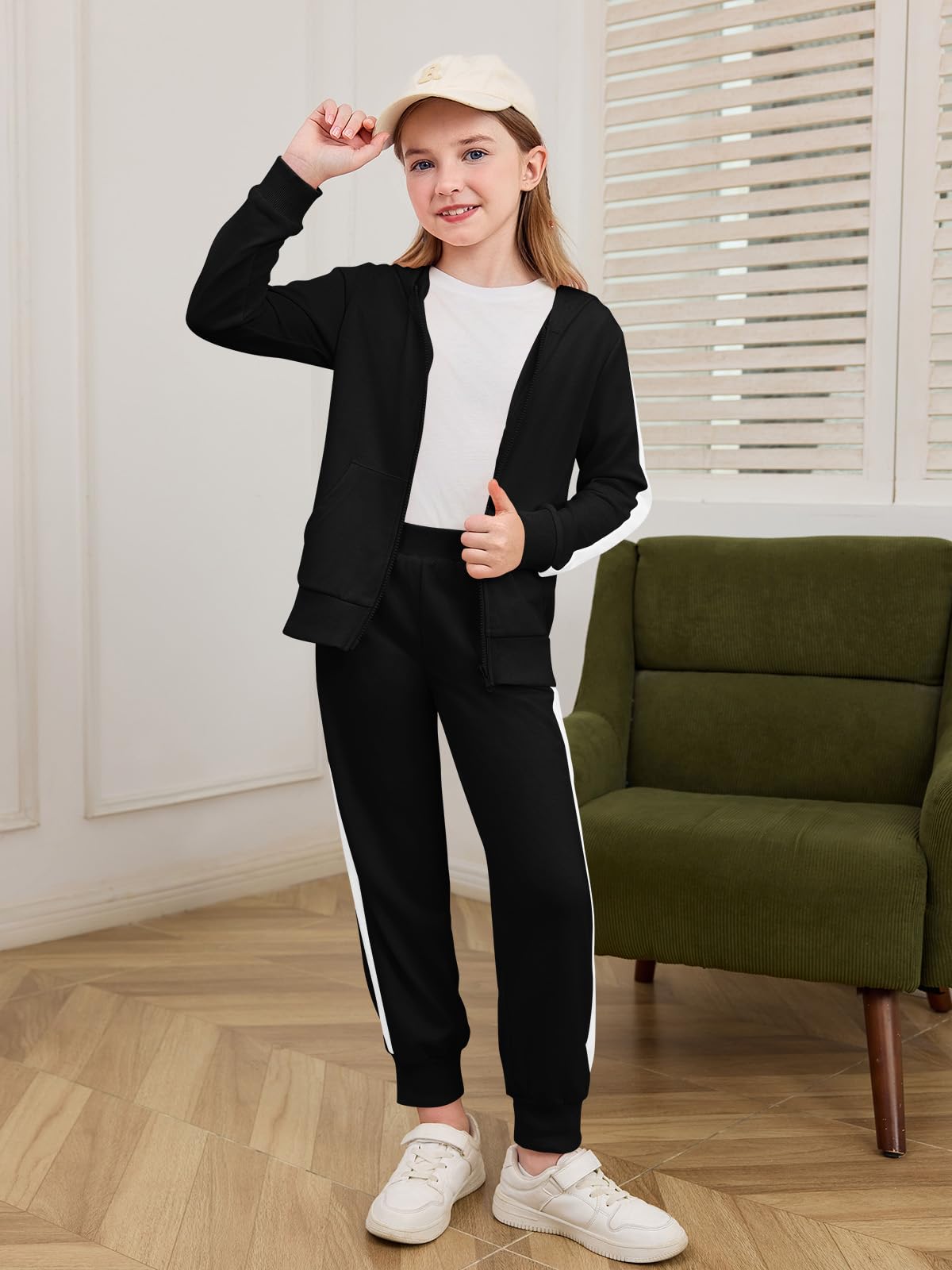 Haloumoning Girls 2 Piece Outfits Sweatsuit Kids Athletic Zip Up Hoodie and Sweatpants Clothing Sets 5-14Y