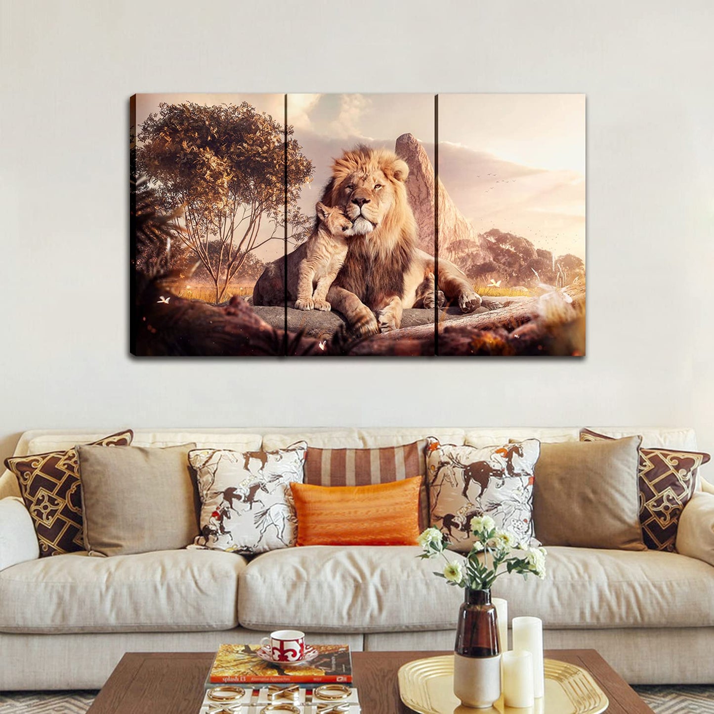 Animal Lion Large Size Framed Canvas Prints Wall Art for Living Room Bedroom Home Decor Modern Abstract Family Paternal Love Theme Posters Painting Pictures for Walls Ready to Hang Father's Gift