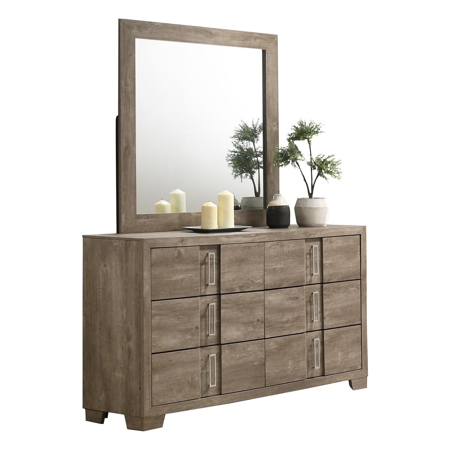 Kings Brand Furniture Dawson Modern 6-Piece King Size Farmhouse Style Bedroom Set in Light Brown Finish - Bed with LED Lights, Dresser, Mirror, Chest & 2 Nightstands