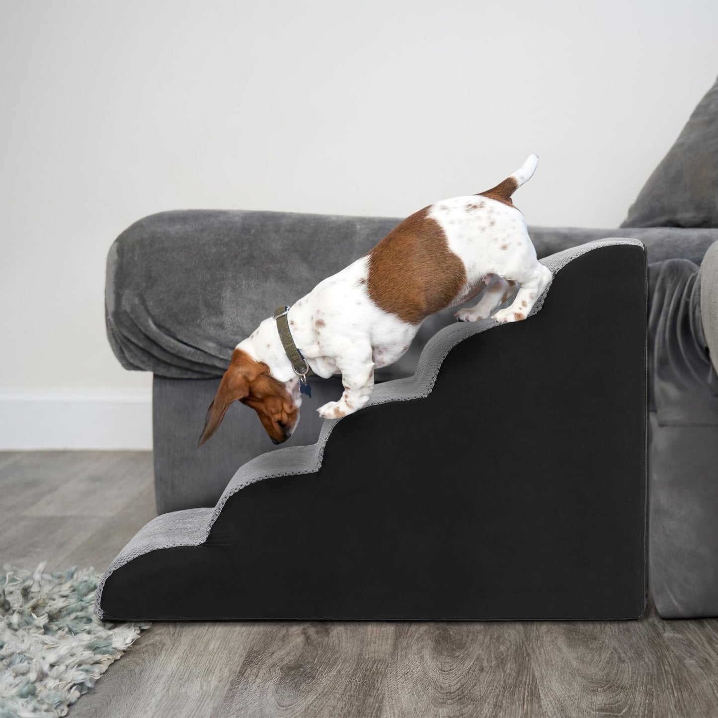 5 Steps Dog Ramp/Stairs for Beds and Couches,MOOACE Pet Stairs with High Density Expand Immediately Foam, Washable Cover and Pet Hair Remover Roller - Reduce Stress on Pet Joints Gray/Black