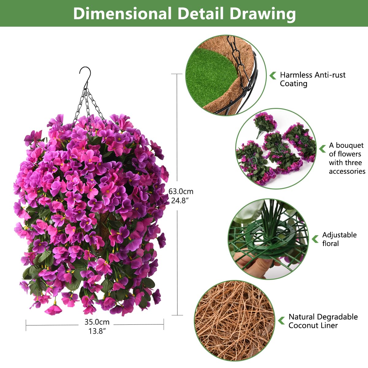 INQCMY Artificial Hanging Flowers in Basket for Outdoors Spring Decoration,Fake Silk Begonia Flowers Arrangements,12 inch Hanging Baskets with Artificial Flowers for Home Porch Garden