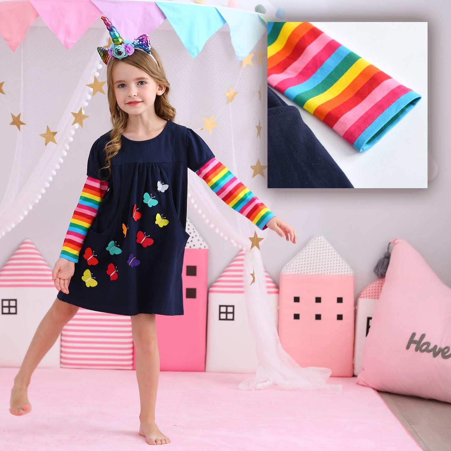 VIKITA Little Girls Dresses Winter Girl Clothes Long Sleeve Navy Dress Xmas Gift for Kids 2-8 Years LH5805, 7T